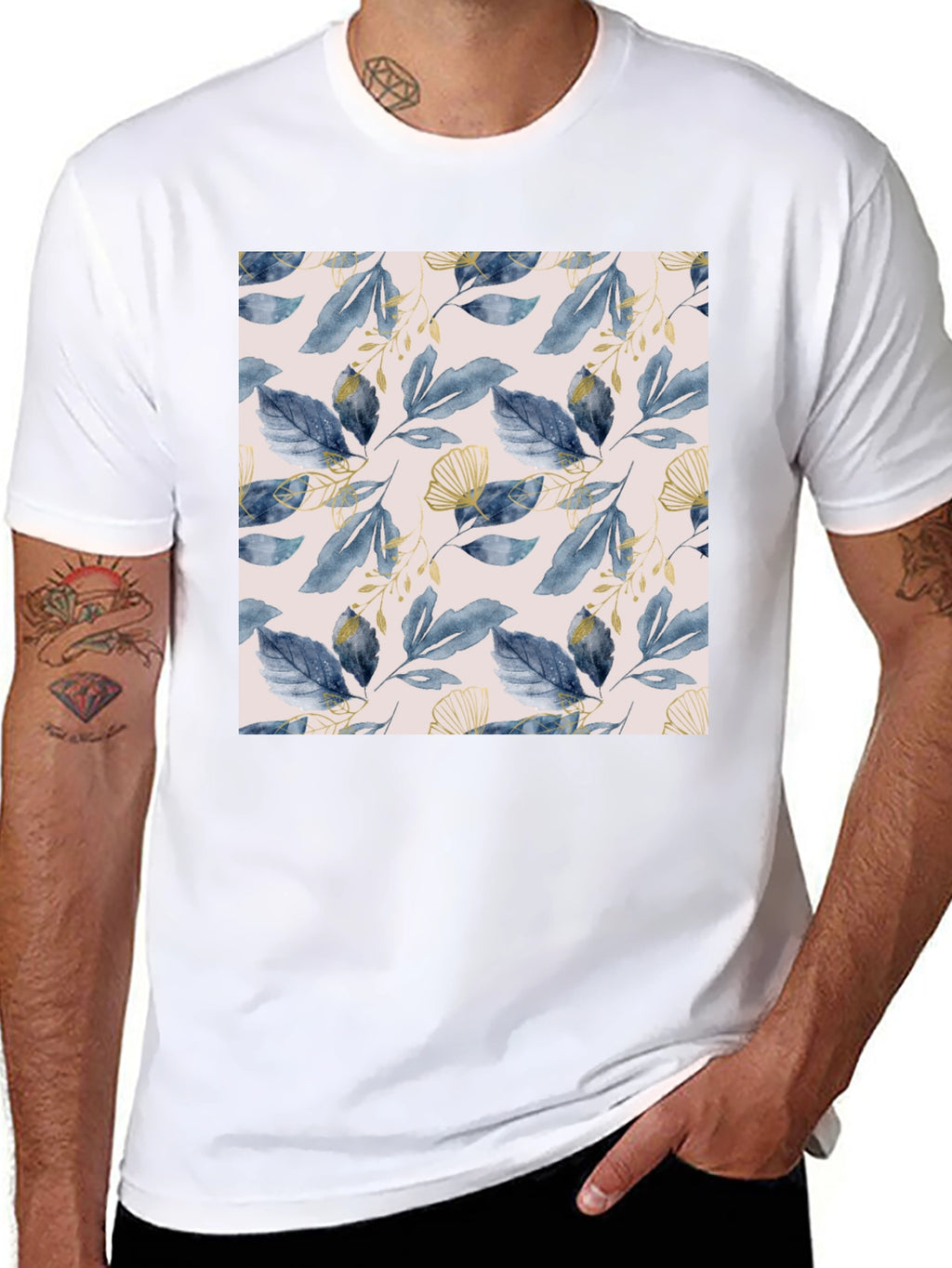 Stylish Leaf Pattern Black T-Shirt