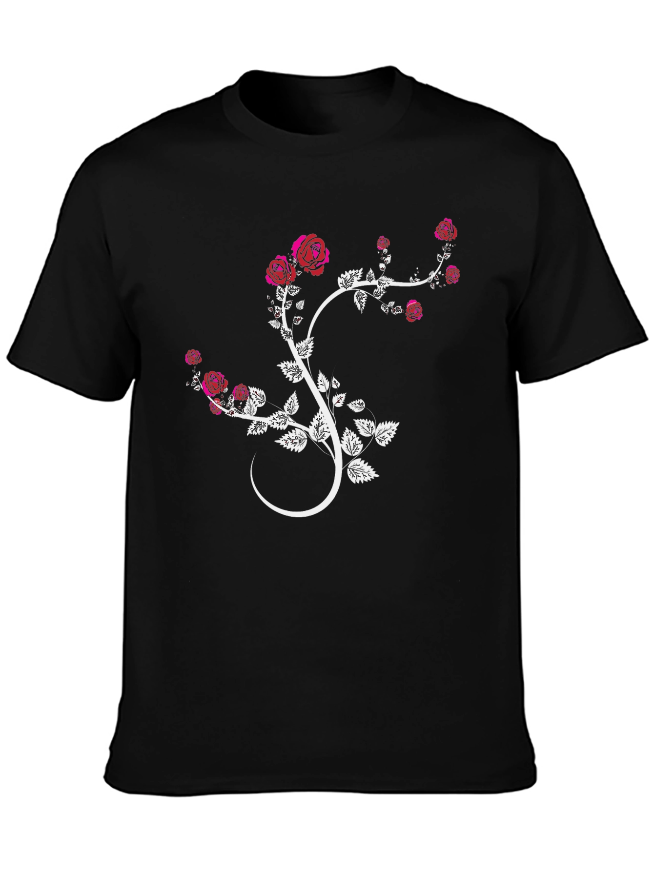 Floral Rose Vine Graphic Tee - Black Cotton Blend