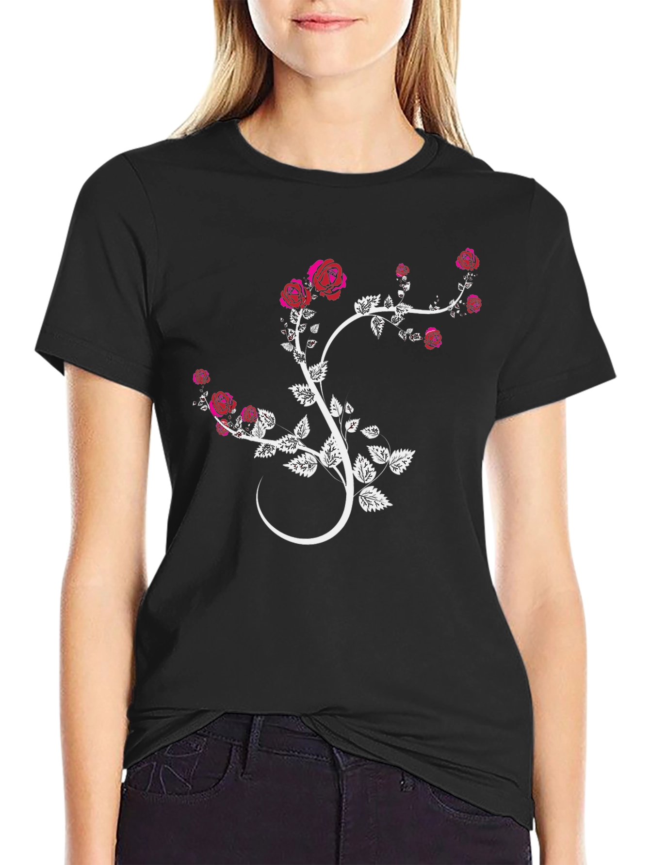 Floral Rose Vine Graphic Tee - Black Cotton Blend