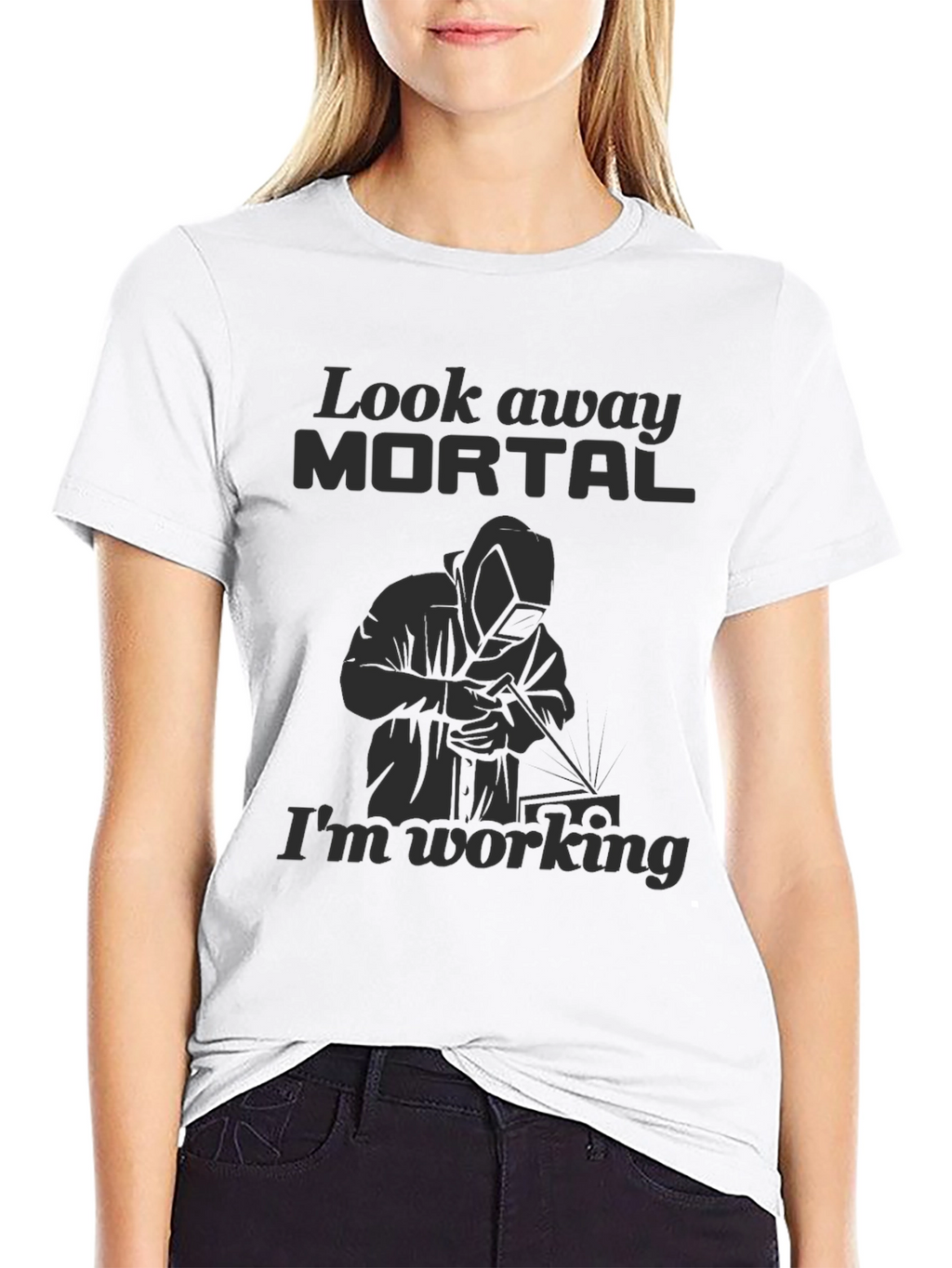 Look Away Mortal Funny Welder Black T-Shirt