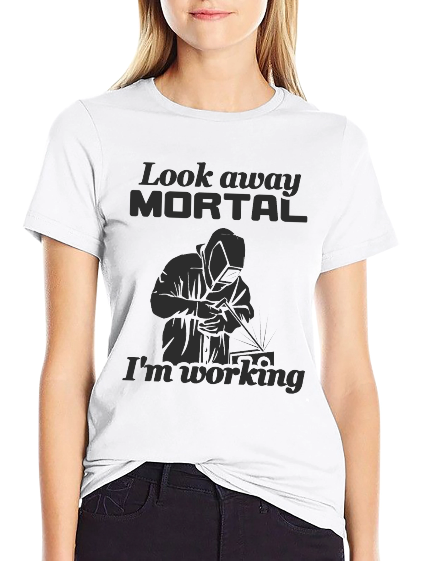Look Away Mortal Funny Welder Black T-Shirt