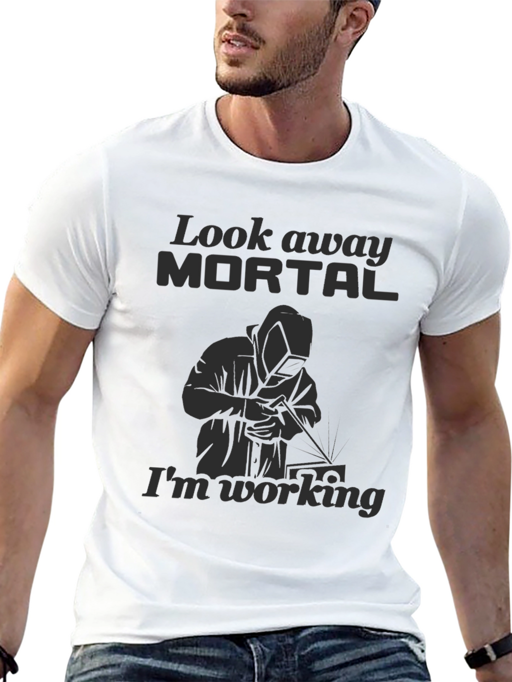 Look Away Mortal Funny Welder Black T-Shirt