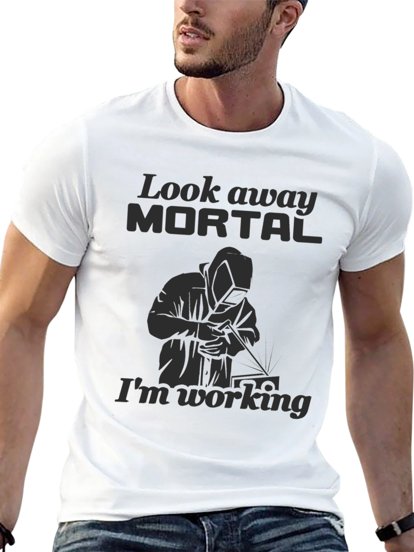 Look Away Mortal Funny Welder Black T-Shirt