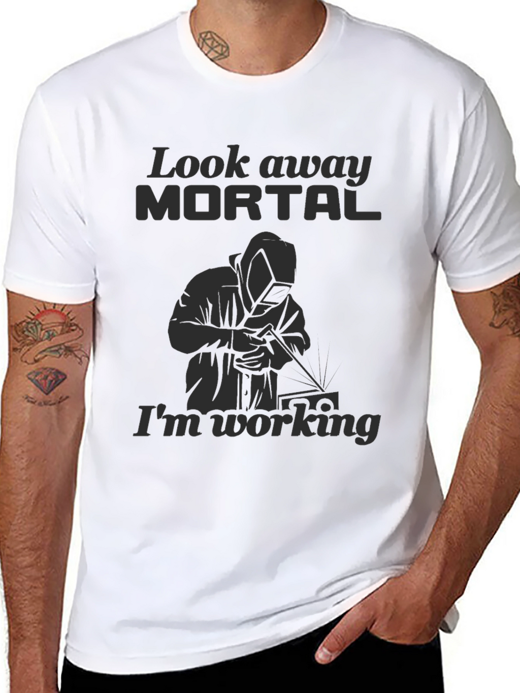 Look Away Mortal Funny Welder Black T-Shirt