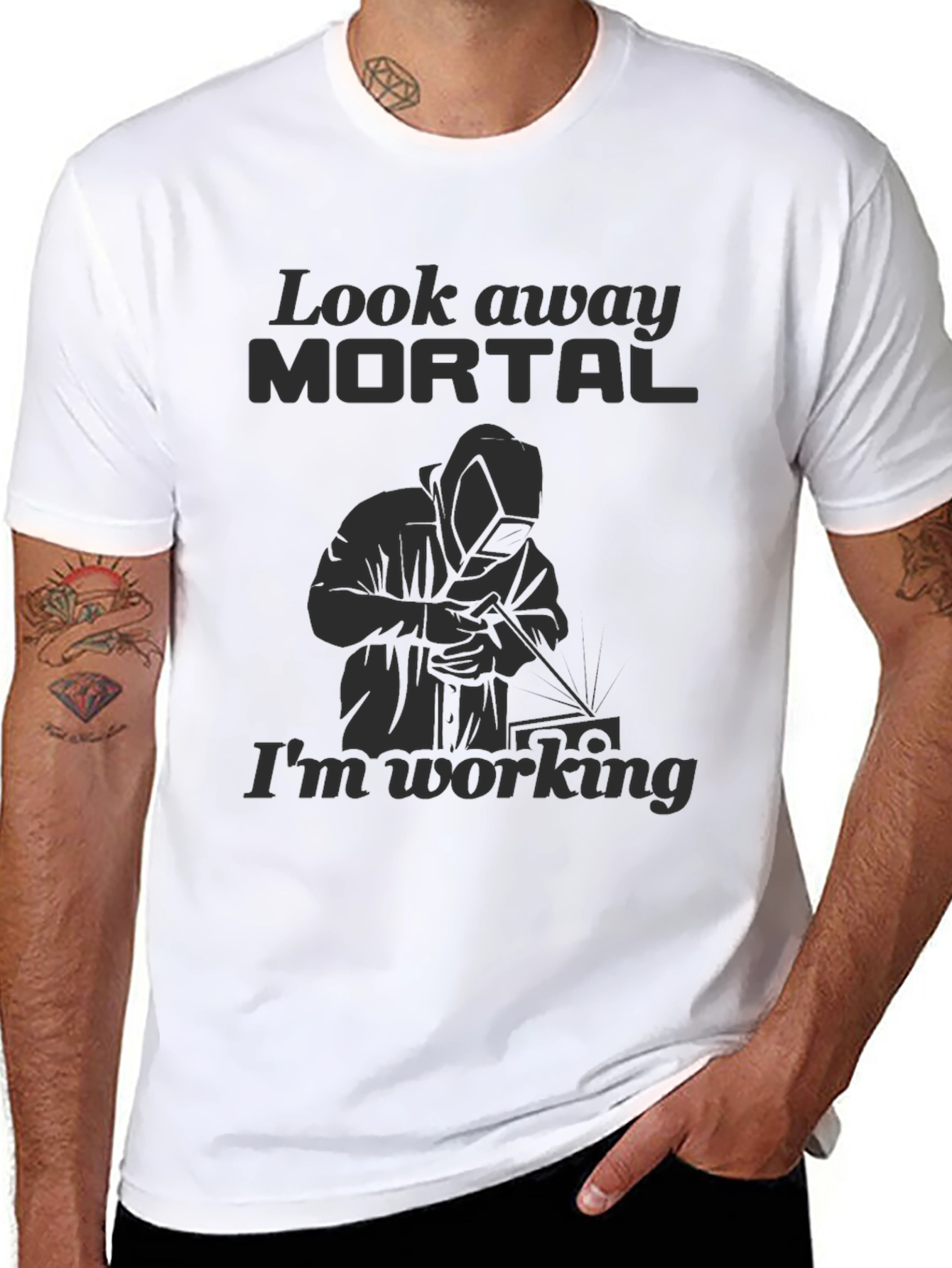 Look Away Mortal Funny Welder Black T-Shirt