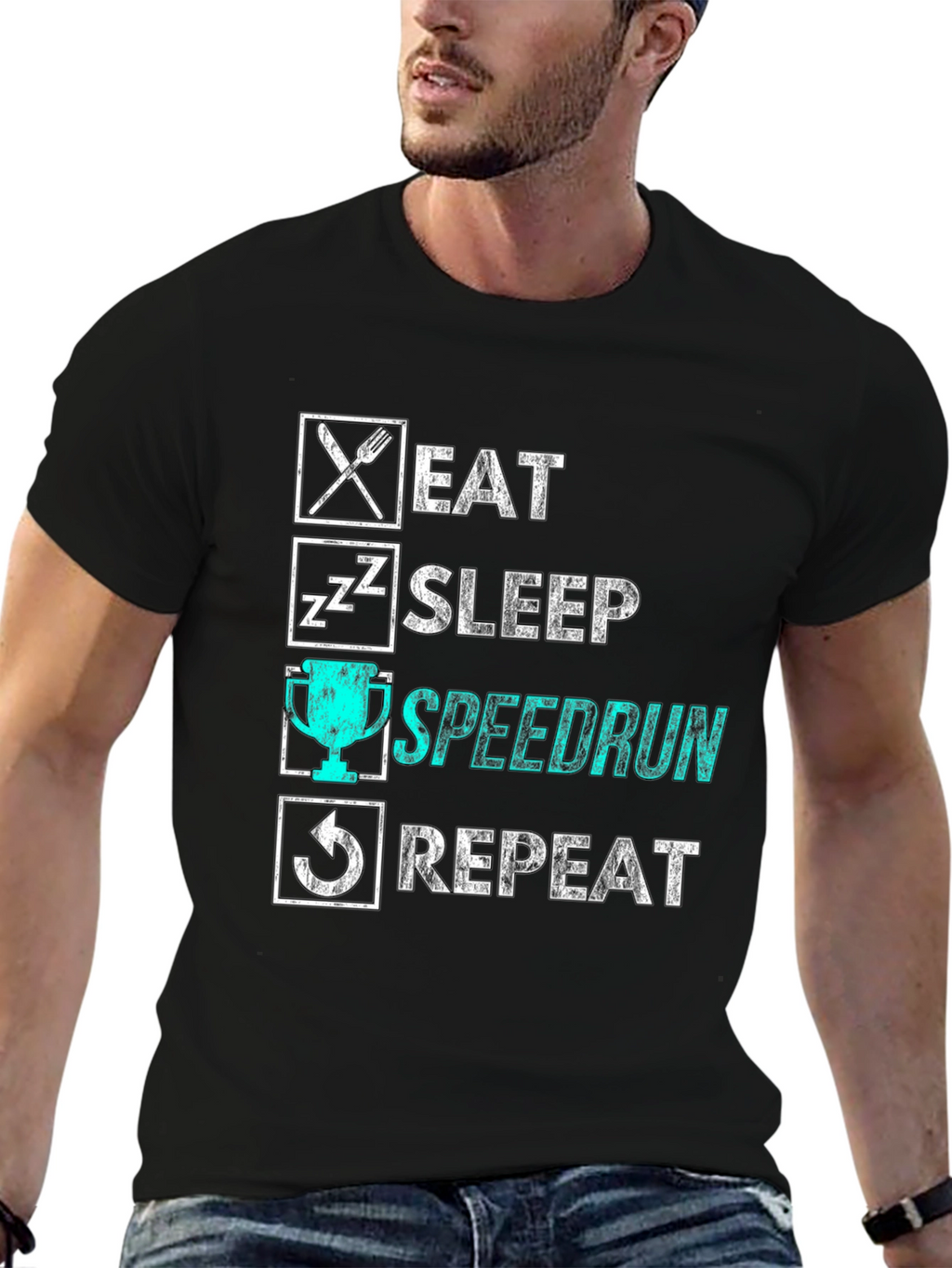 Eat Sleep Speedrun Repeat Black Graphic Tee