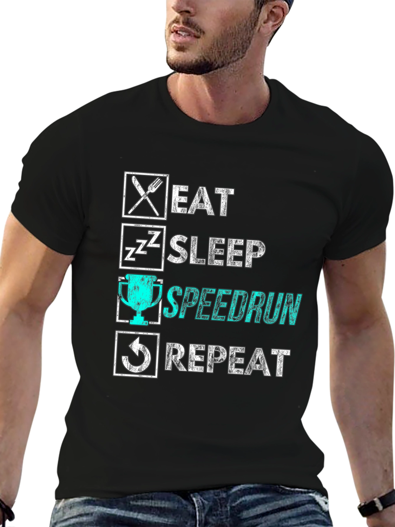 Eat Sleep Speedrun Repeat Black Graphic Tee