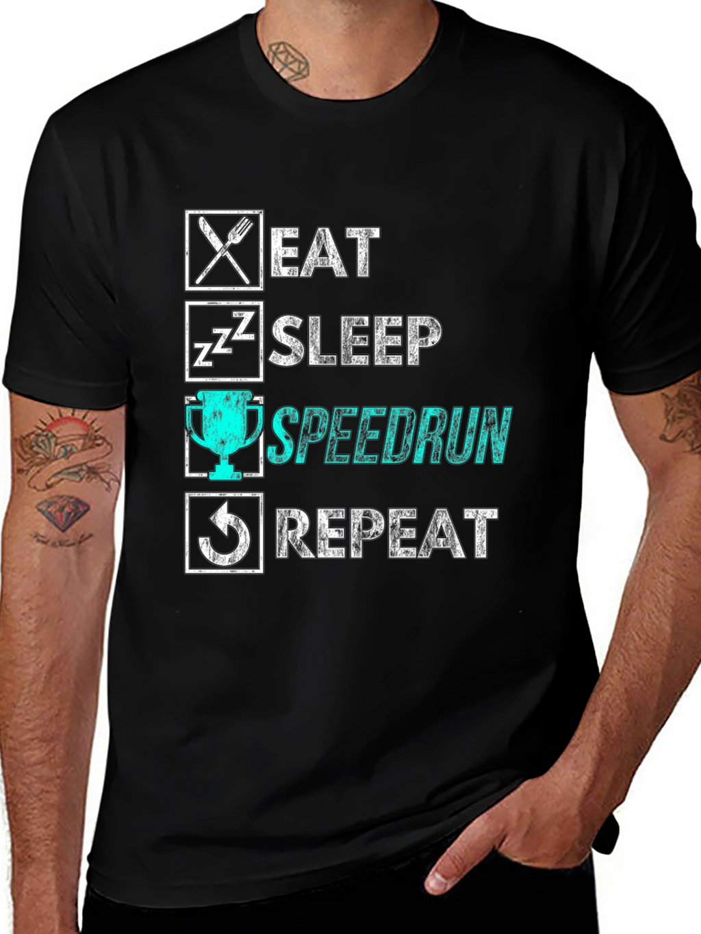 Eat Sleep Speedrun Repeat Black Graphic Tee