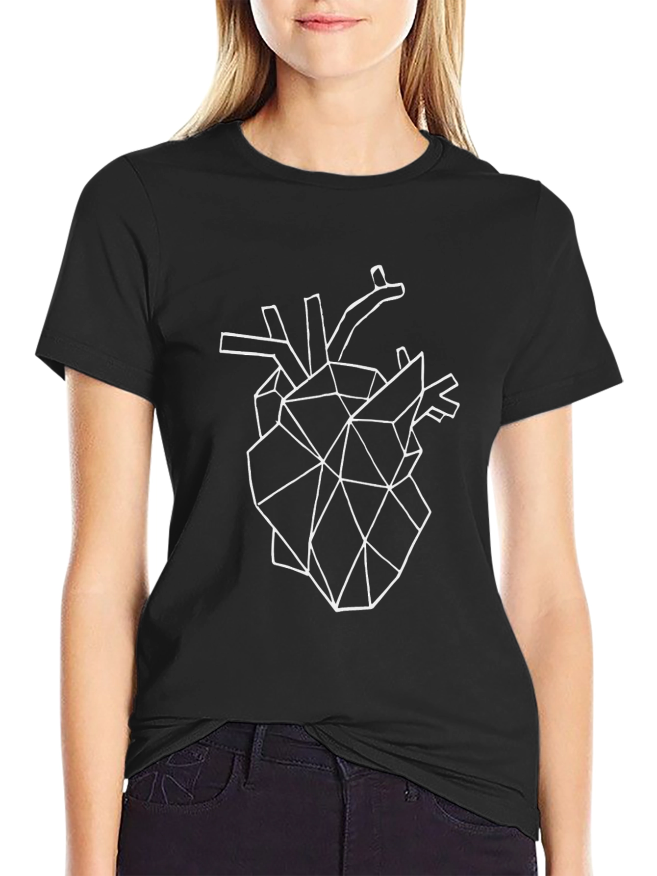 Geometric Heart Print Black T-Shirt