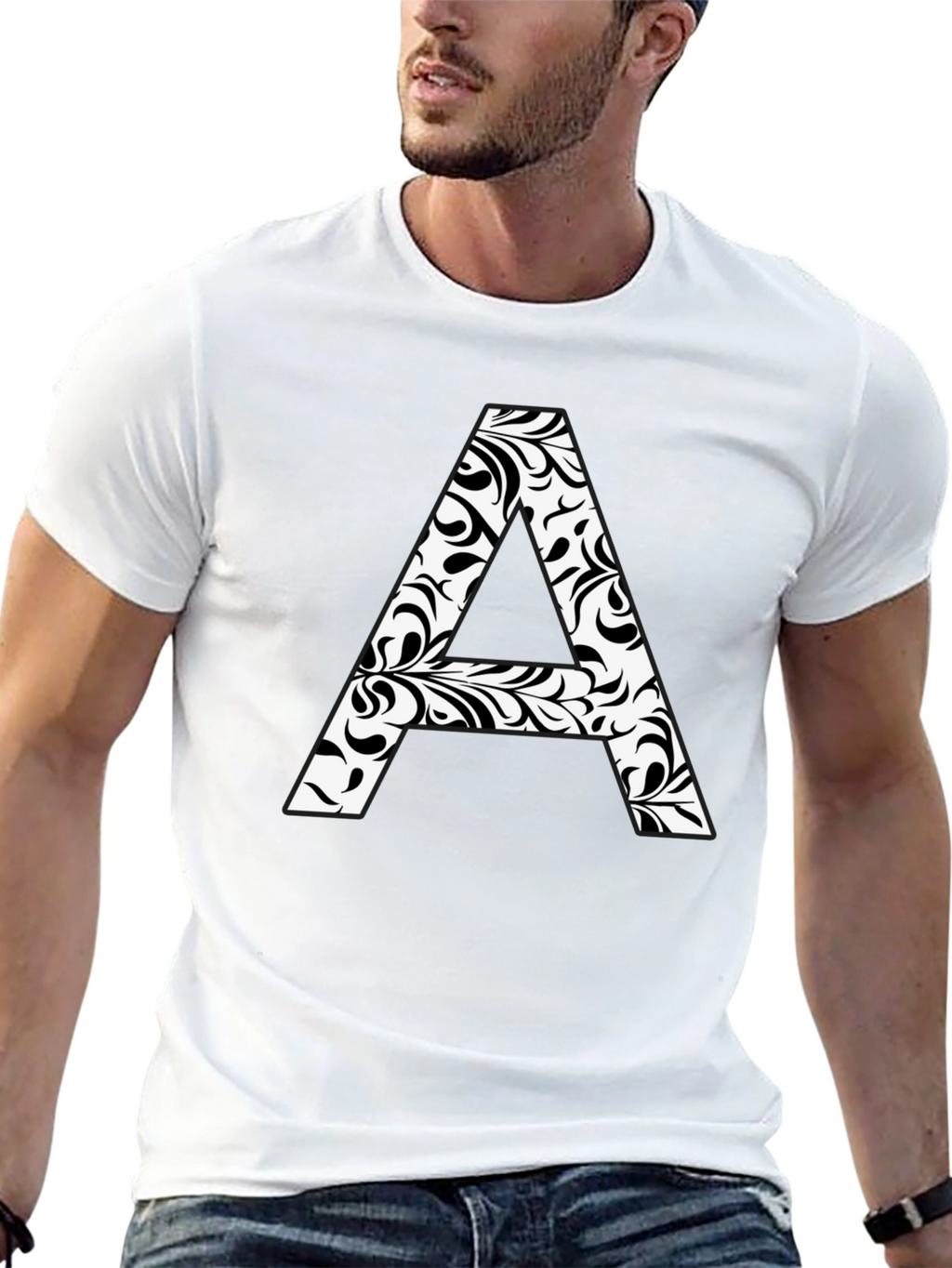Stylish Black T-Shirt with Floral Letter A Design
