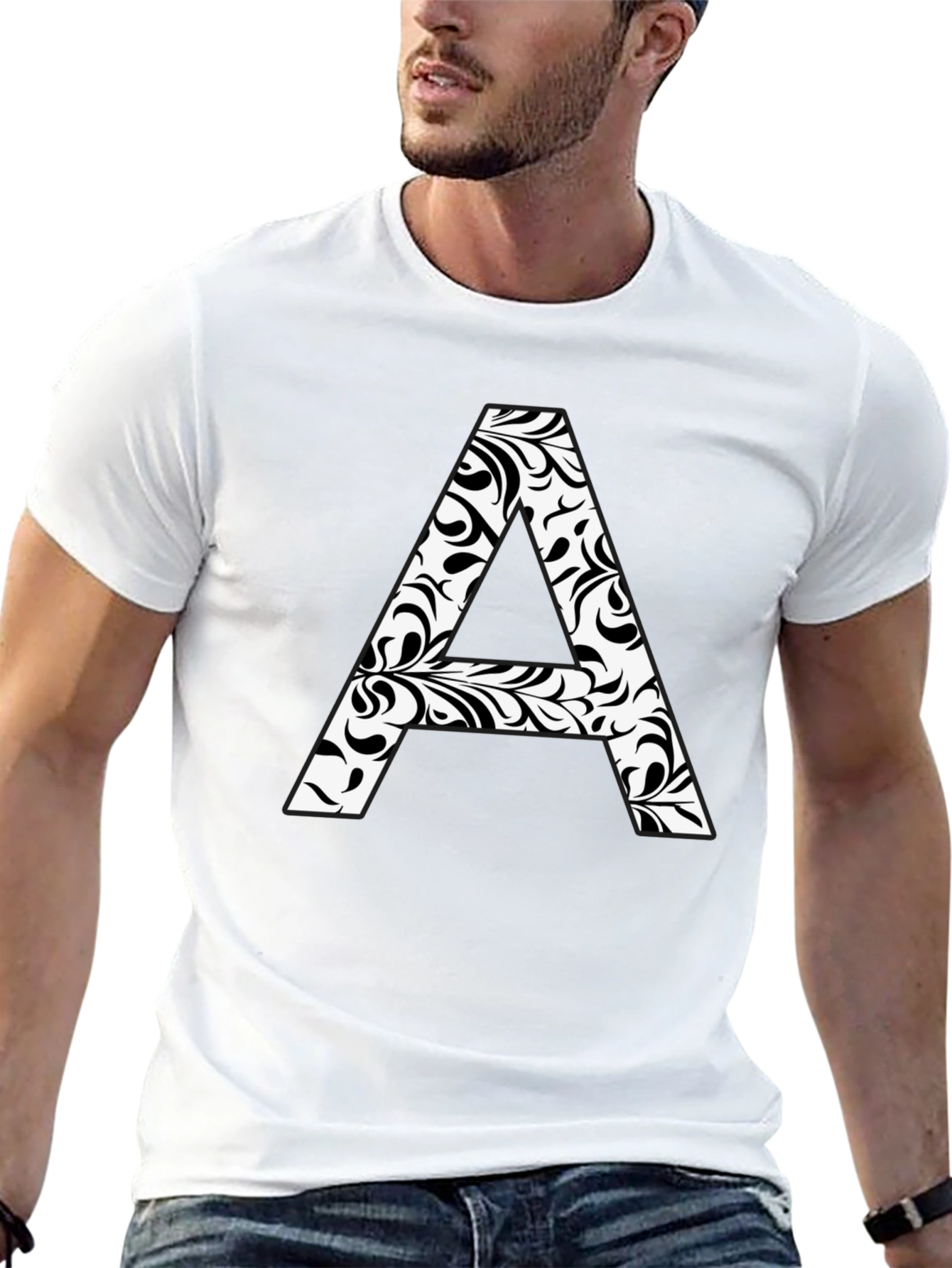 Stylish Black T-Shirt with Floral Letter A Design