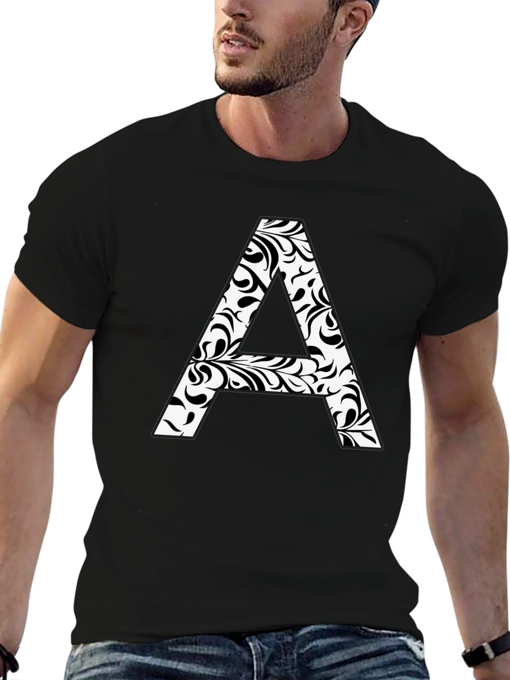 Stylish Black T-Shirt with Floral Letter A Design