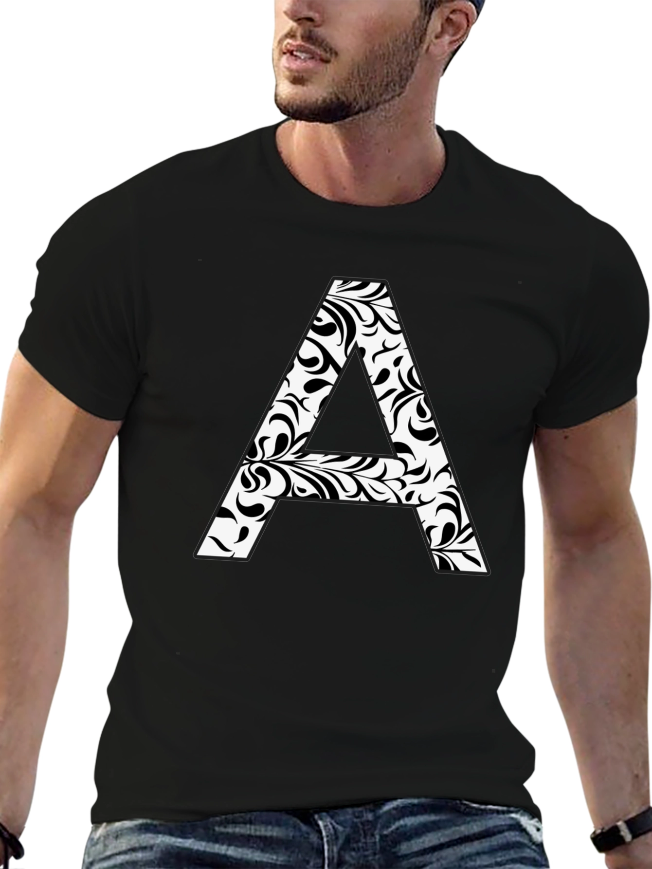 Stylish Black T-Shirt with Floral Letter A Design