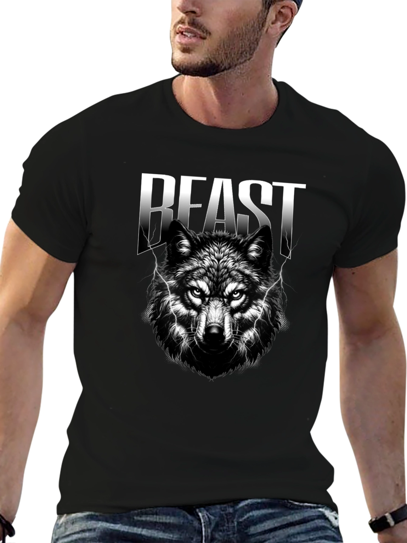 Beast Wolf Graphic Print Black T-Shirt