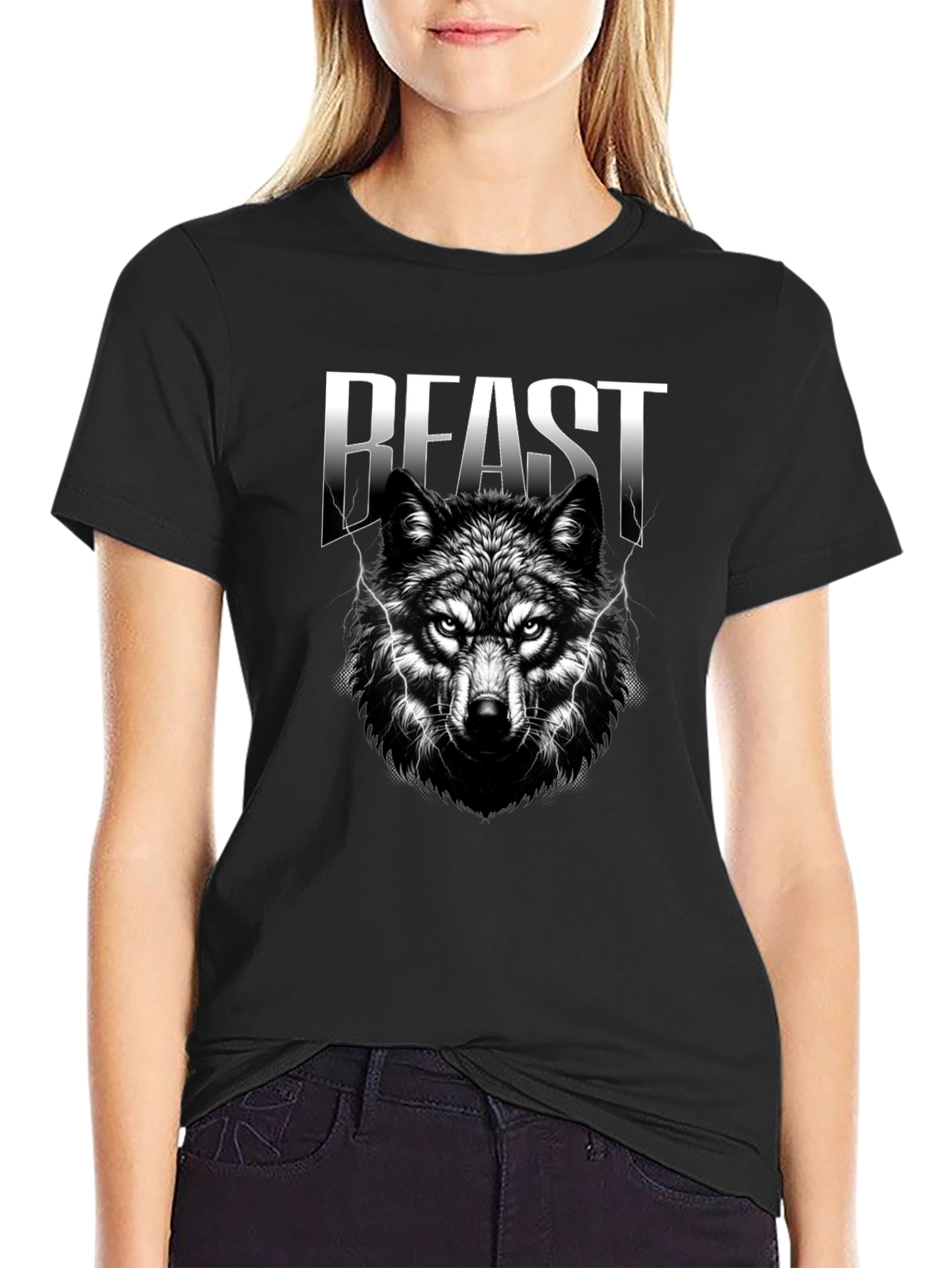 Beast Wolf Graphic Print Black T-Shirt
