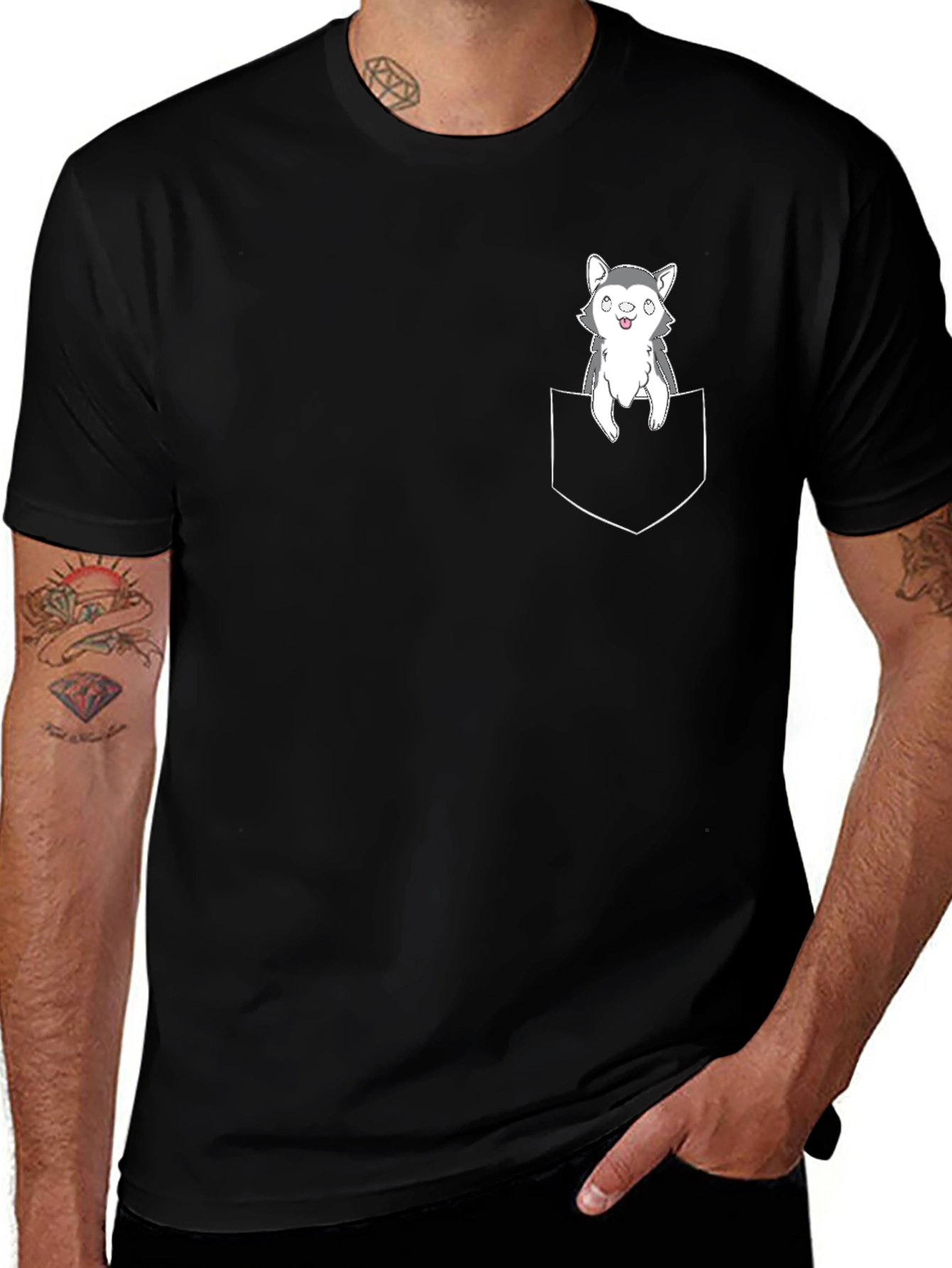 Husky Puppy Pocket T-Shirt - Cute Graphic Tee