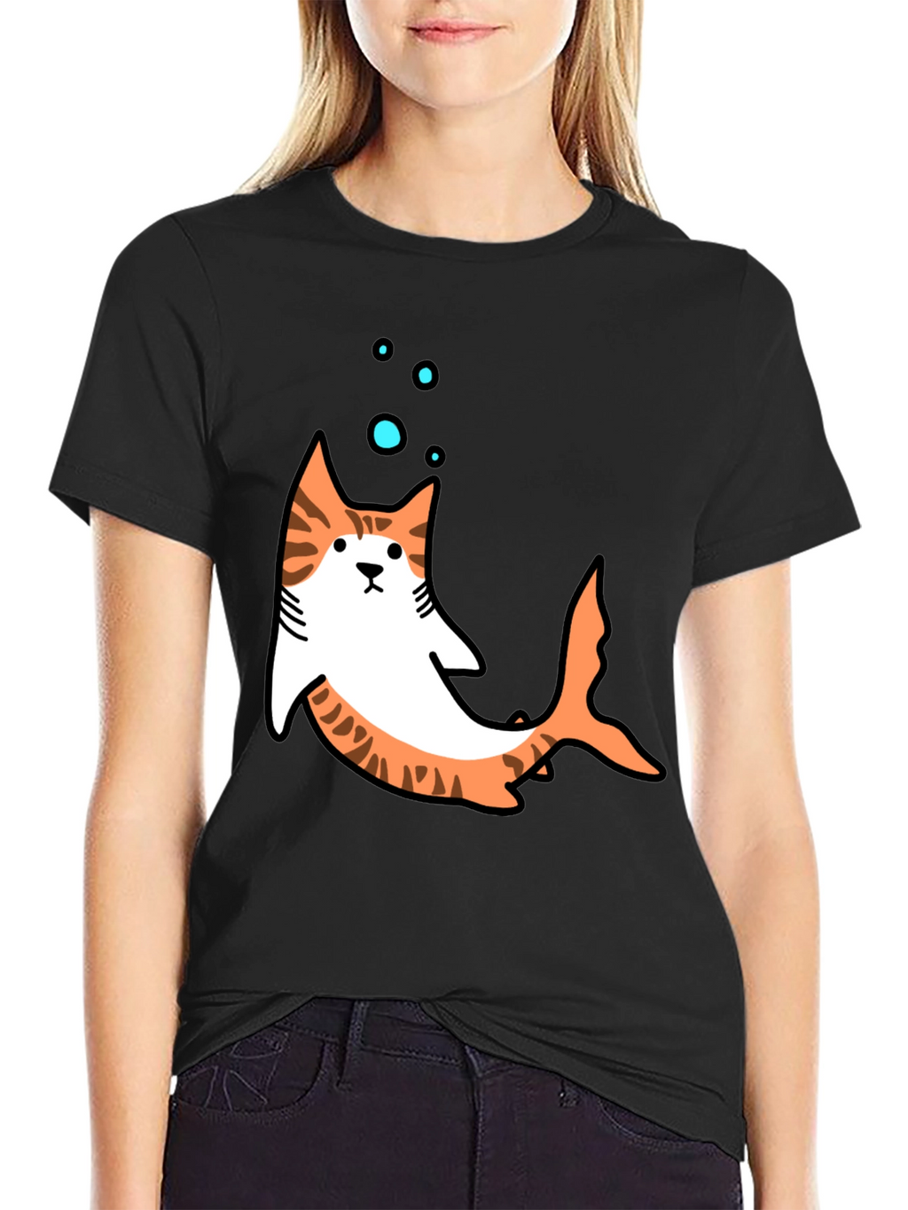 Cat Shark Graphic T-Shirt - Black Fun Design