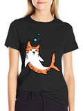 Cat Shark Graphic T-Shirt - Black Fun Design