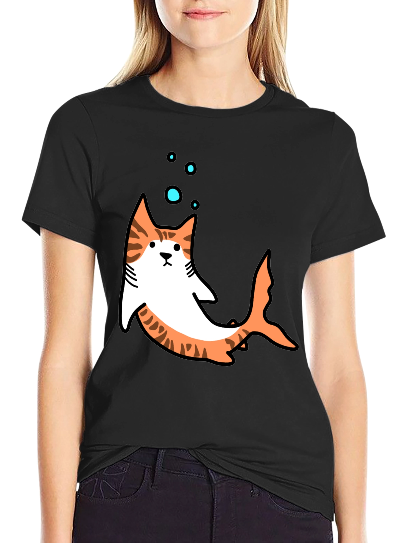 Cat Shark Graphic T-Shirt - Black Fun Design