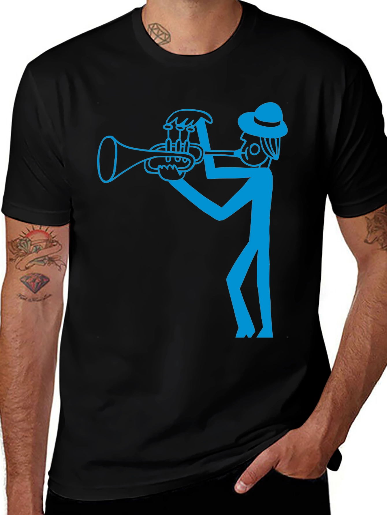Cool Blue Trumpet Player Graphic Black T-Shirt