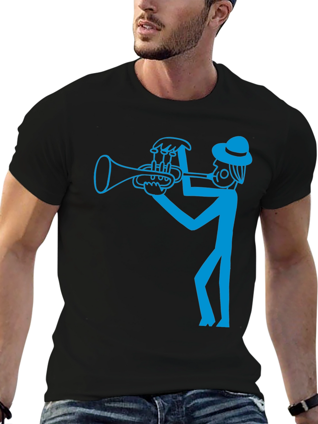 Cool Blue Trumpet Player Graphic Black T-Shirt
