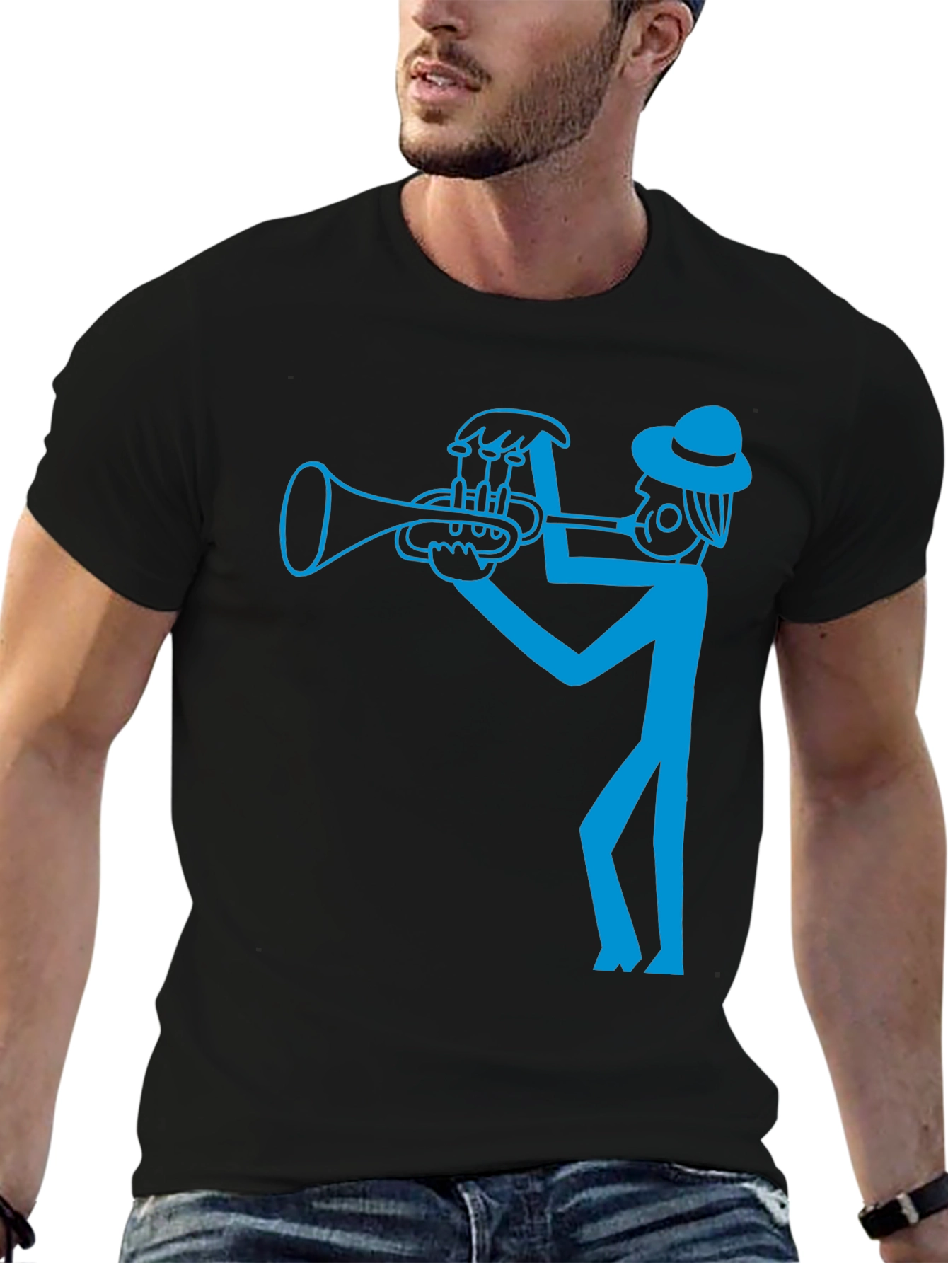 Cool Blue Trumpet Player Graphic Black T-Shirt