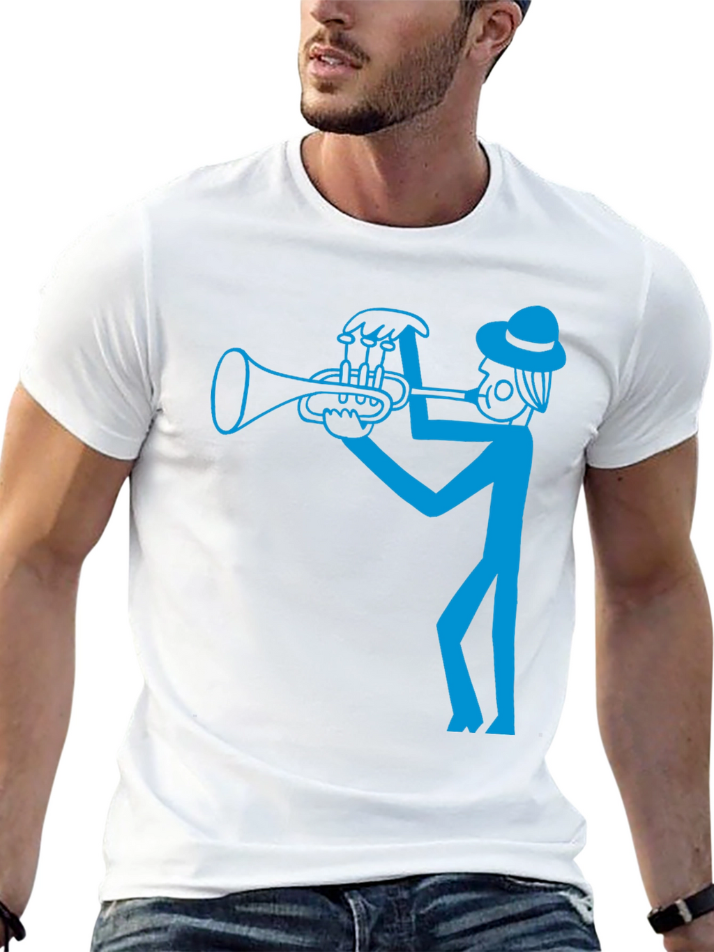 Cool Blue Trumpet Player Graphic Black T-Shirt