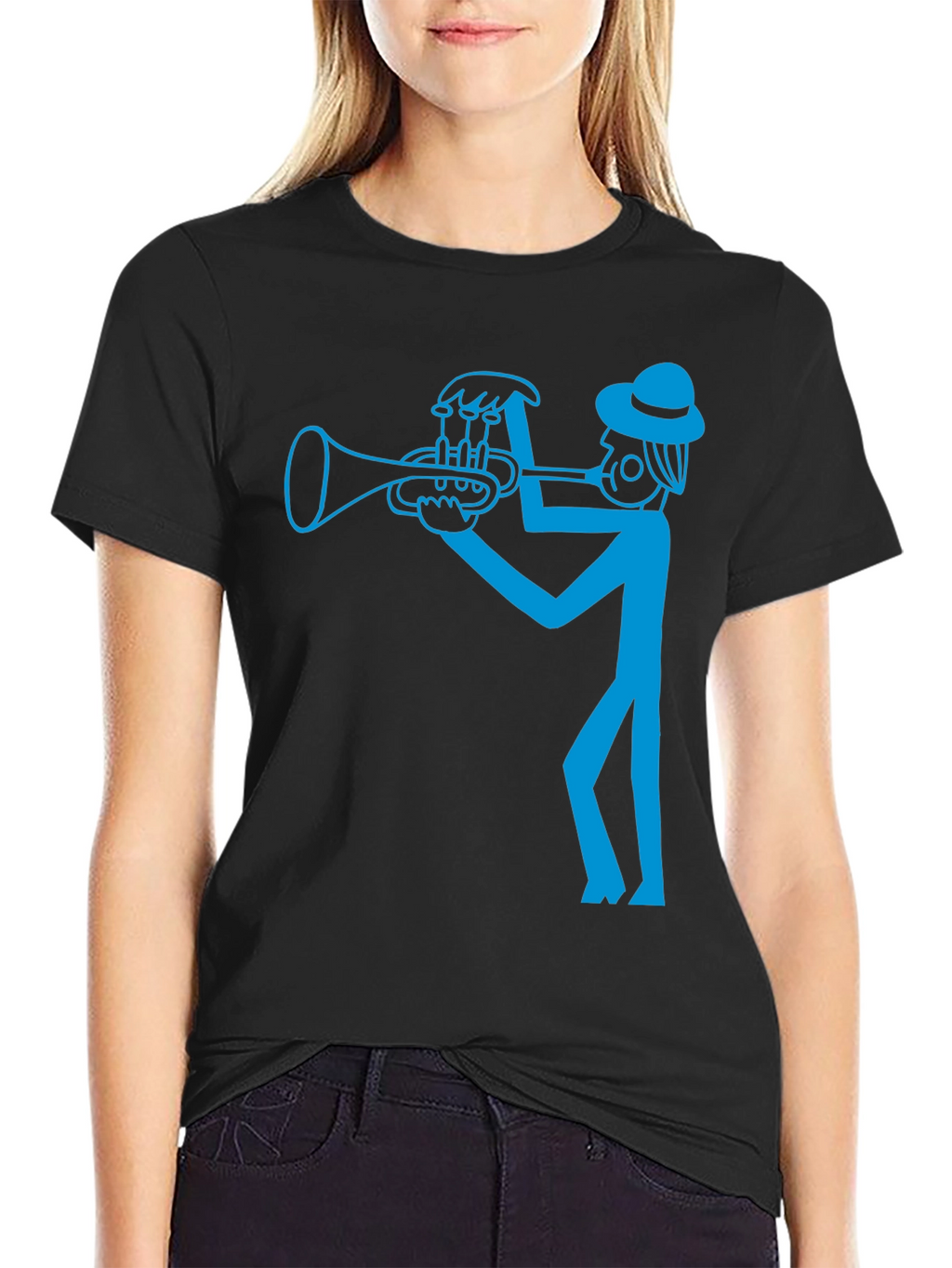 Cool Blue Trumpet Player Graphic Black T-Shirt