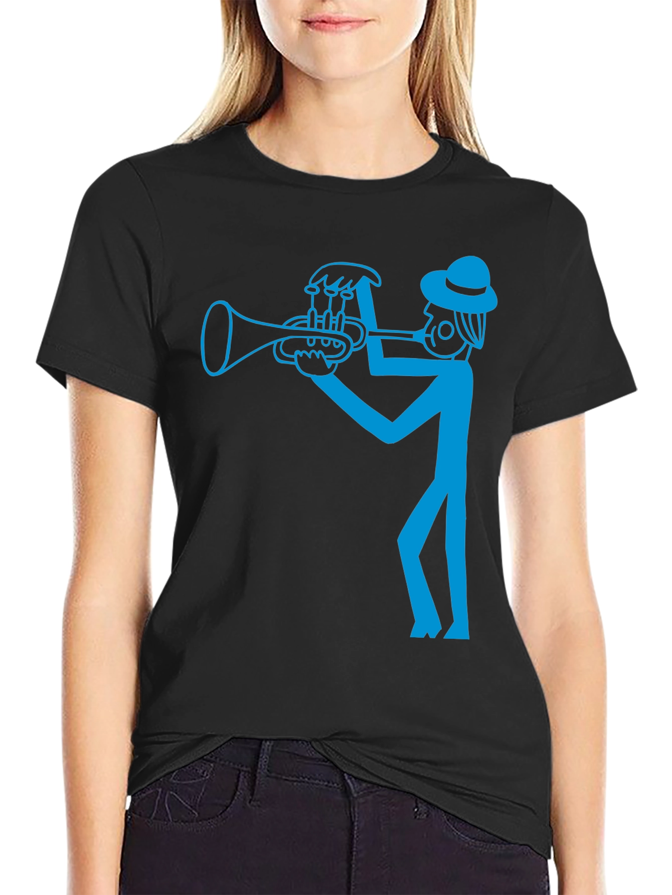 Cool Blue Trumpet Player Graphic Black T-Shirt