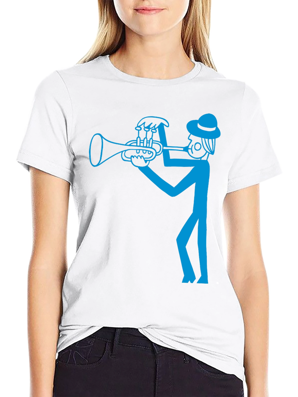 Cool Blue Trumpet Player Graphic Black T-Shirt