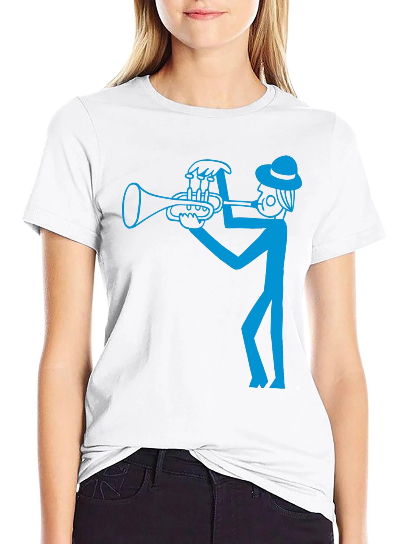 Cool Blue Trumpet Player Graphic Black T-Shirt