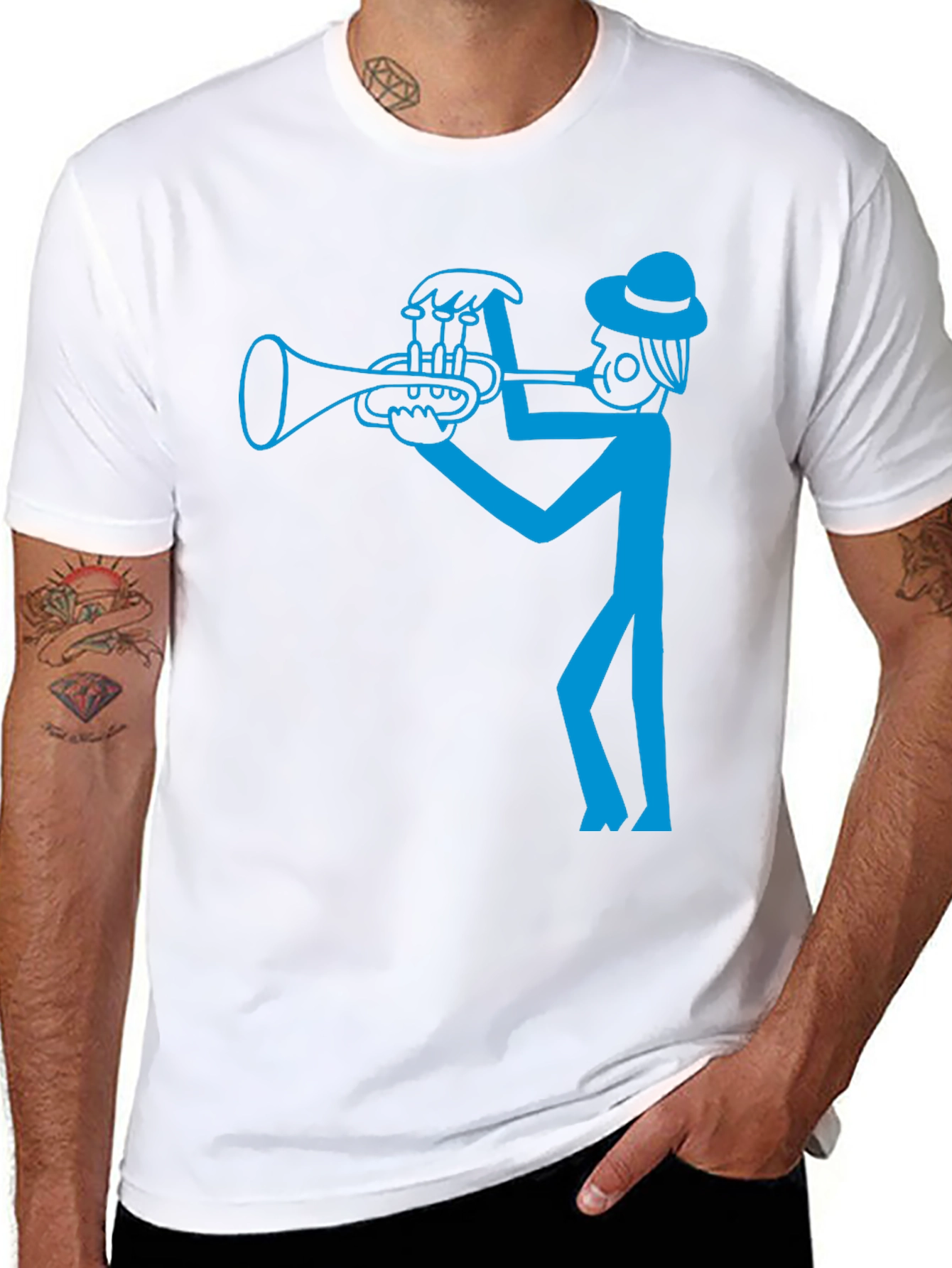 Cool Blue Trumpet Player Graphic Black T-Shirt