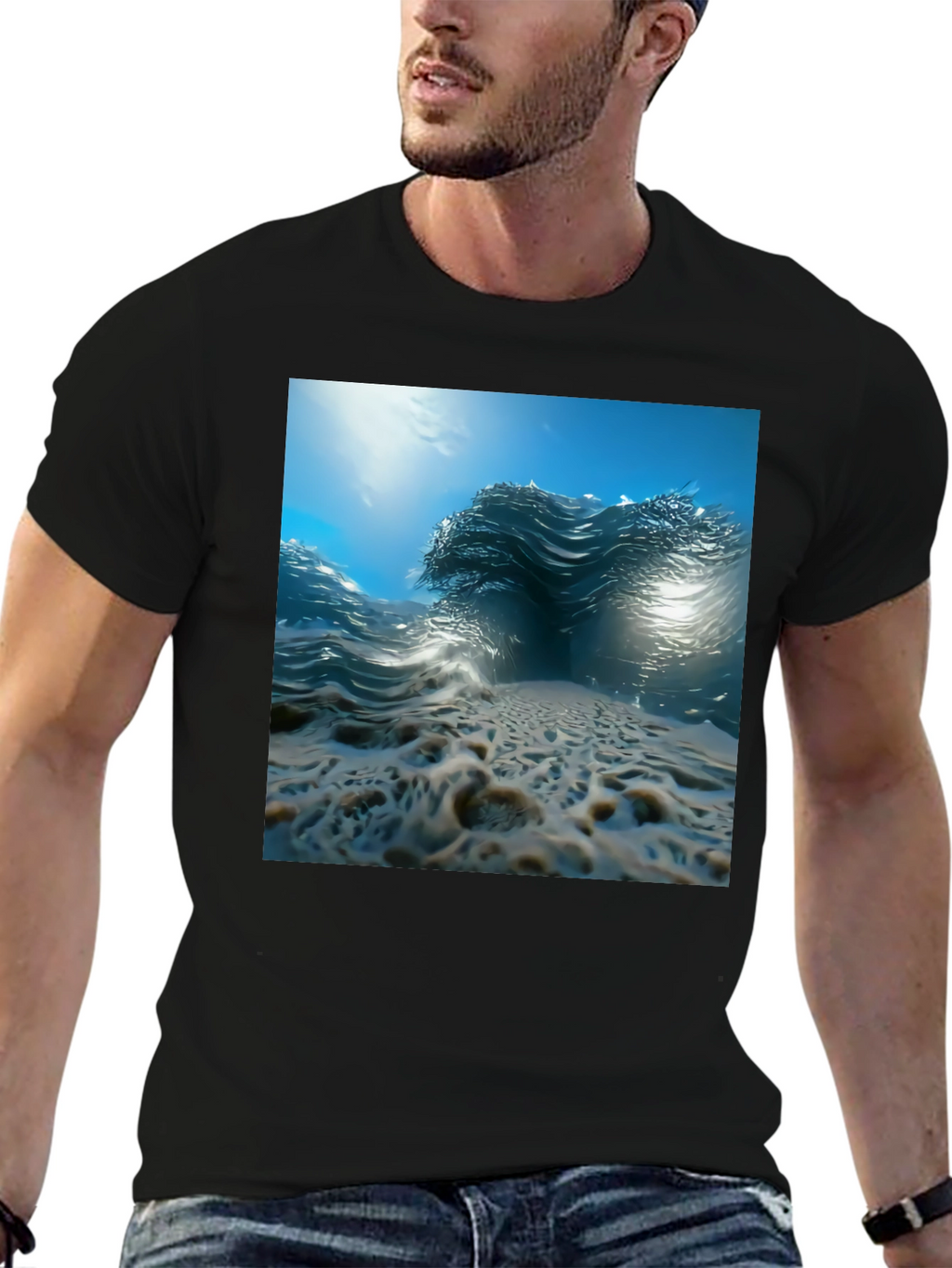 Ocean Wave Print Black Tee