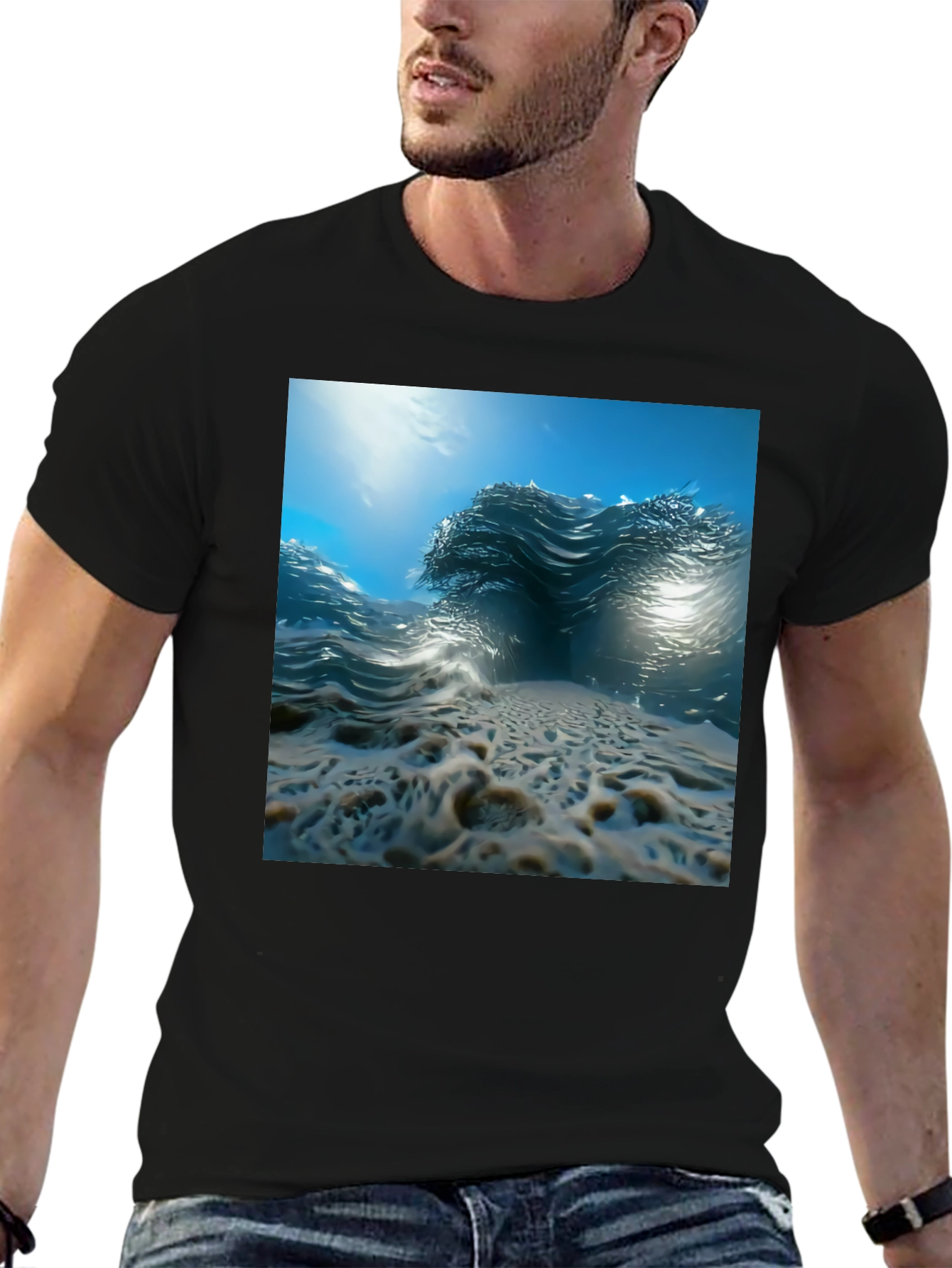 Ocean Wave Print Black Tee