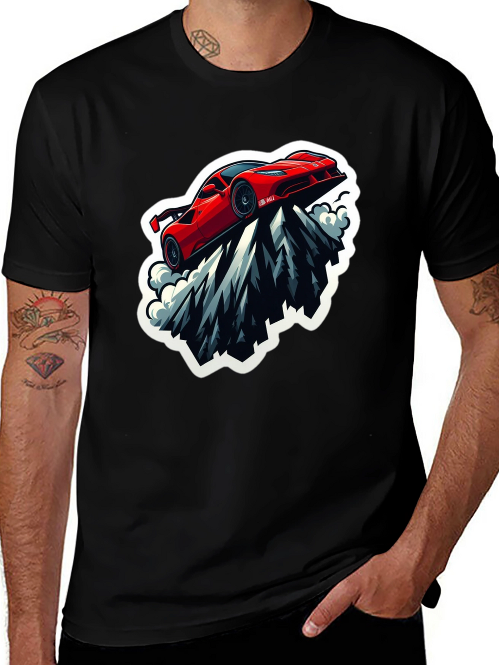 Red Sports Car Mountain Graphic Black T-Shirt
