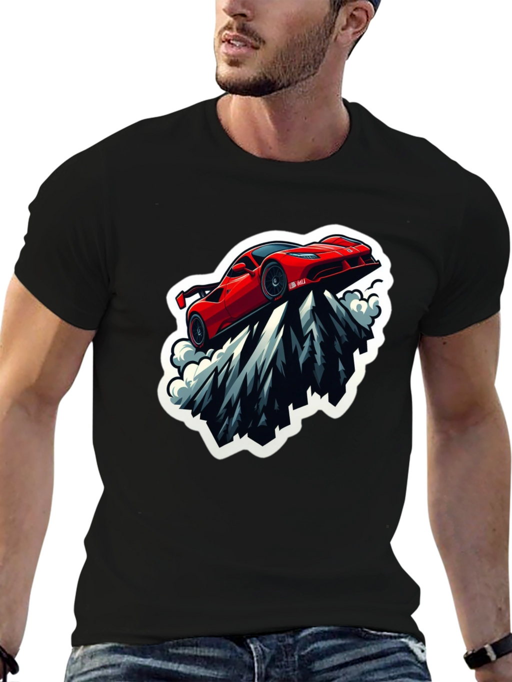 Red Sports Car Mountain Graphic Black T-Shirt