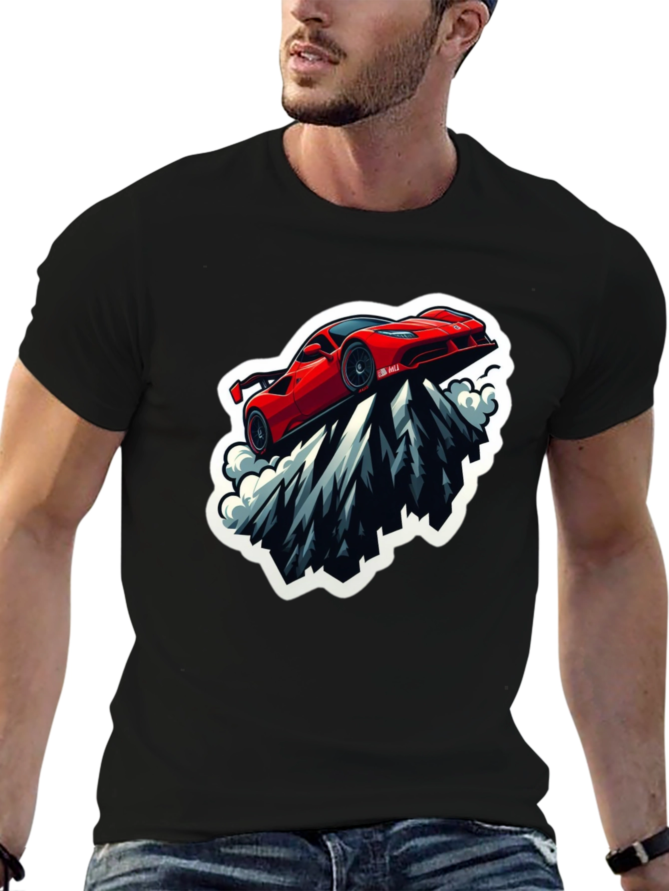 Red Sports Car Mountain Graphic Black T-Shirt