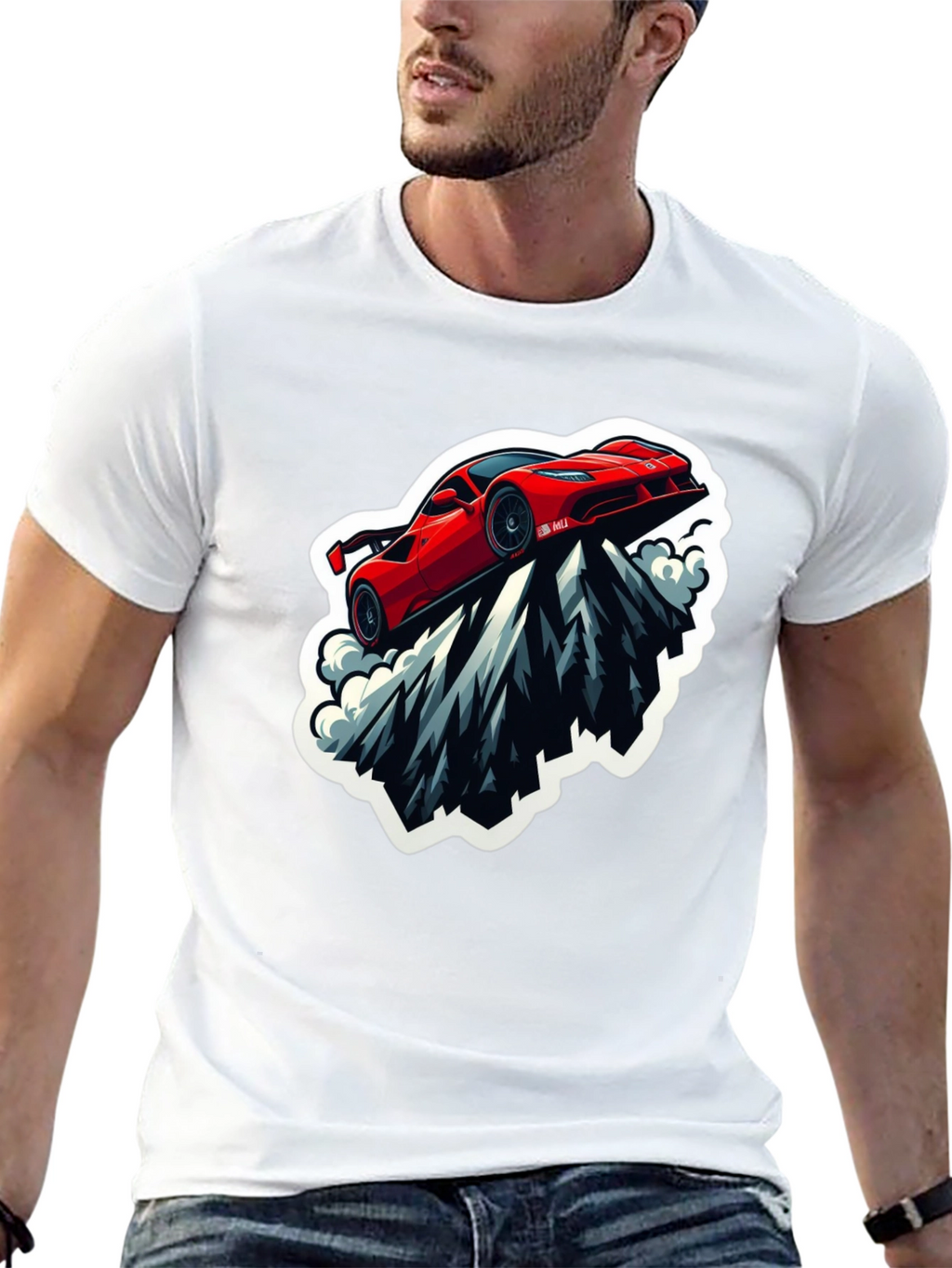 Red Sports Car Mountain Graphic Black T-Shirt