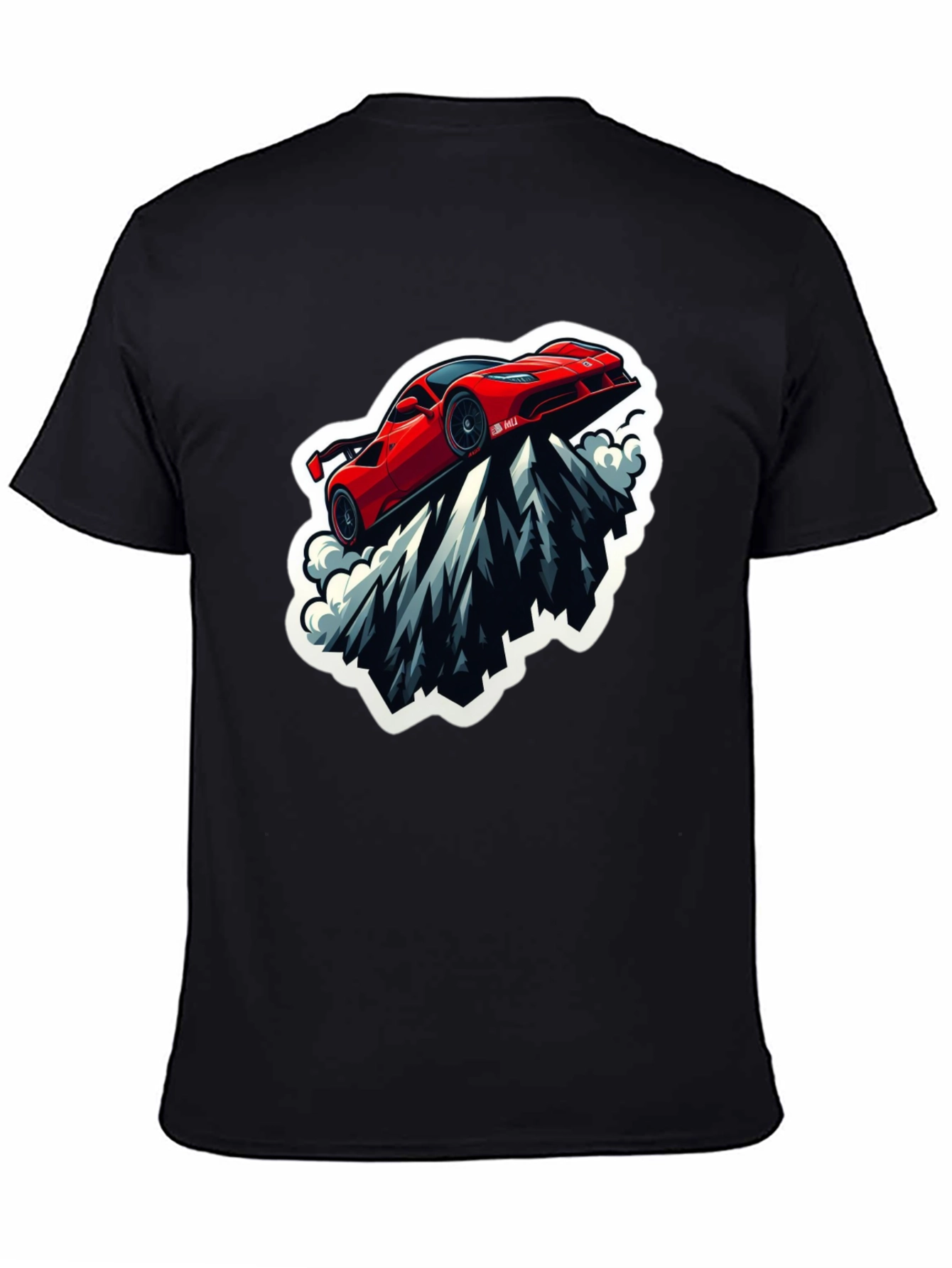 Red Sports Car Mountain Graphic Black T-Shirt