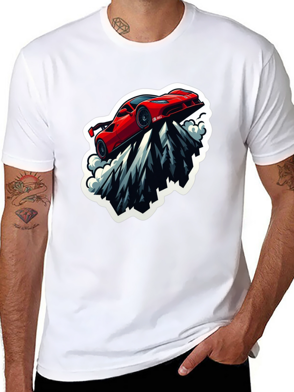 Red Sports Car Mountain Graphic Black T-Shirt