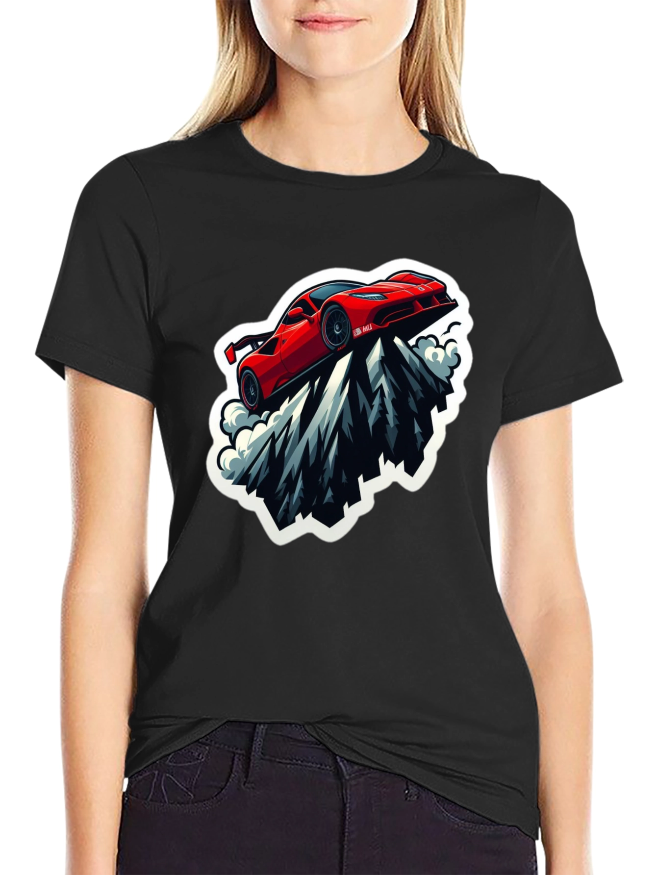 Red Sports Car Mountain Graphic Black T-Shirt