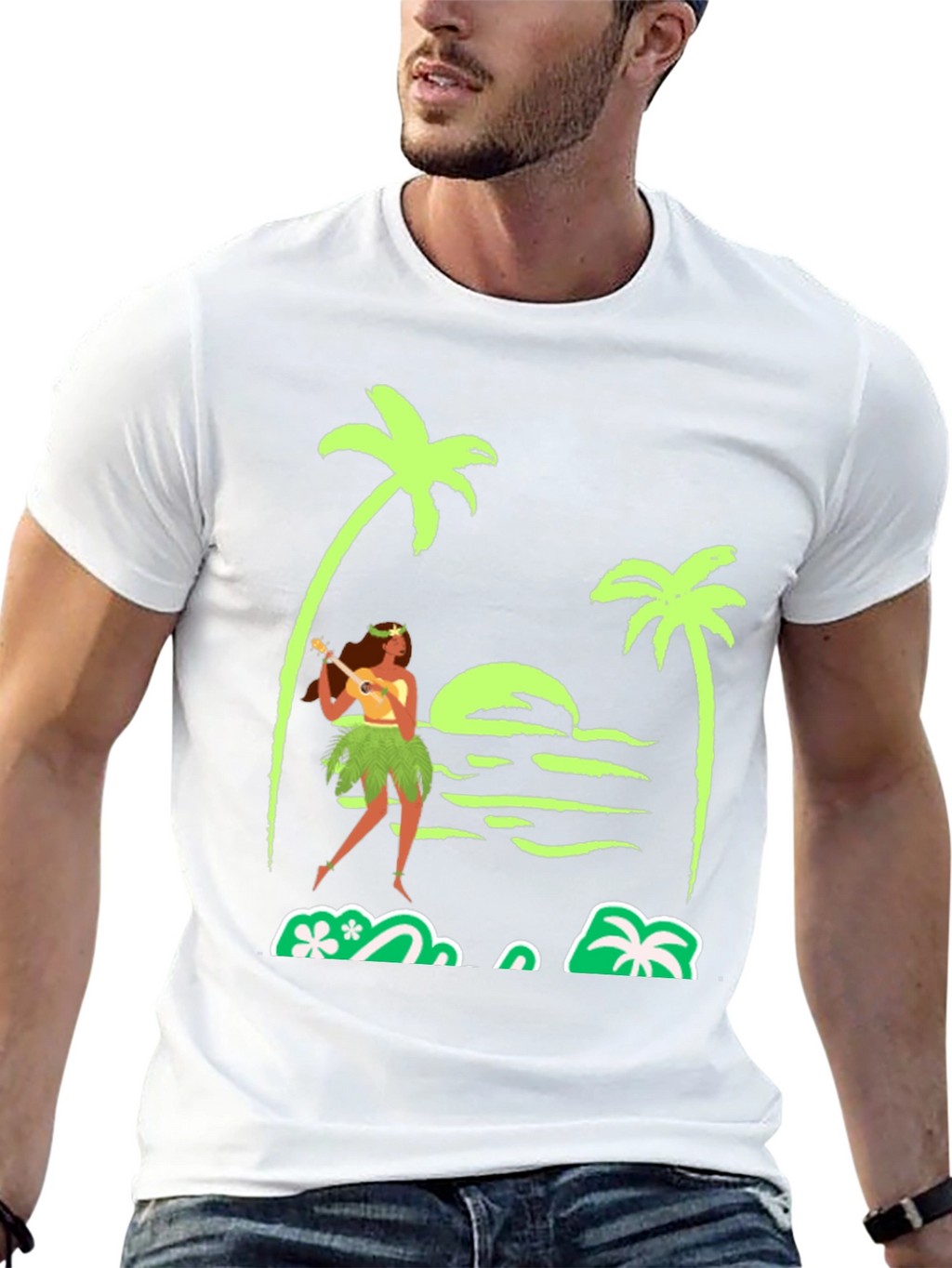 Island Vibes T-Shirt: Hula Girl Palm Trees Sunset Design