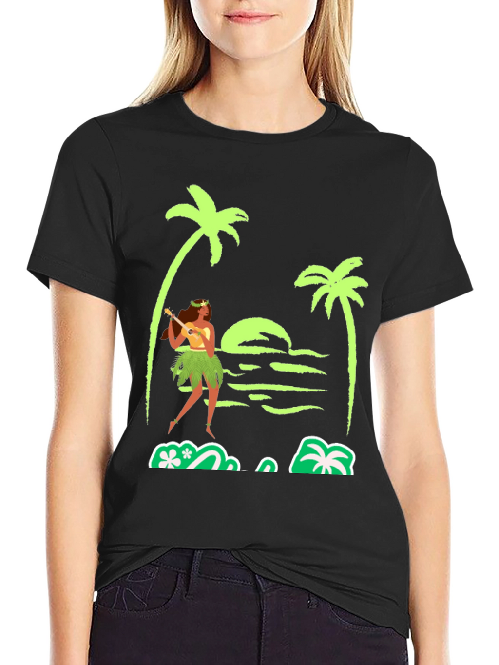 Island Vibes T-Shirt: Hula Girl Palm Trees Sunset Design
