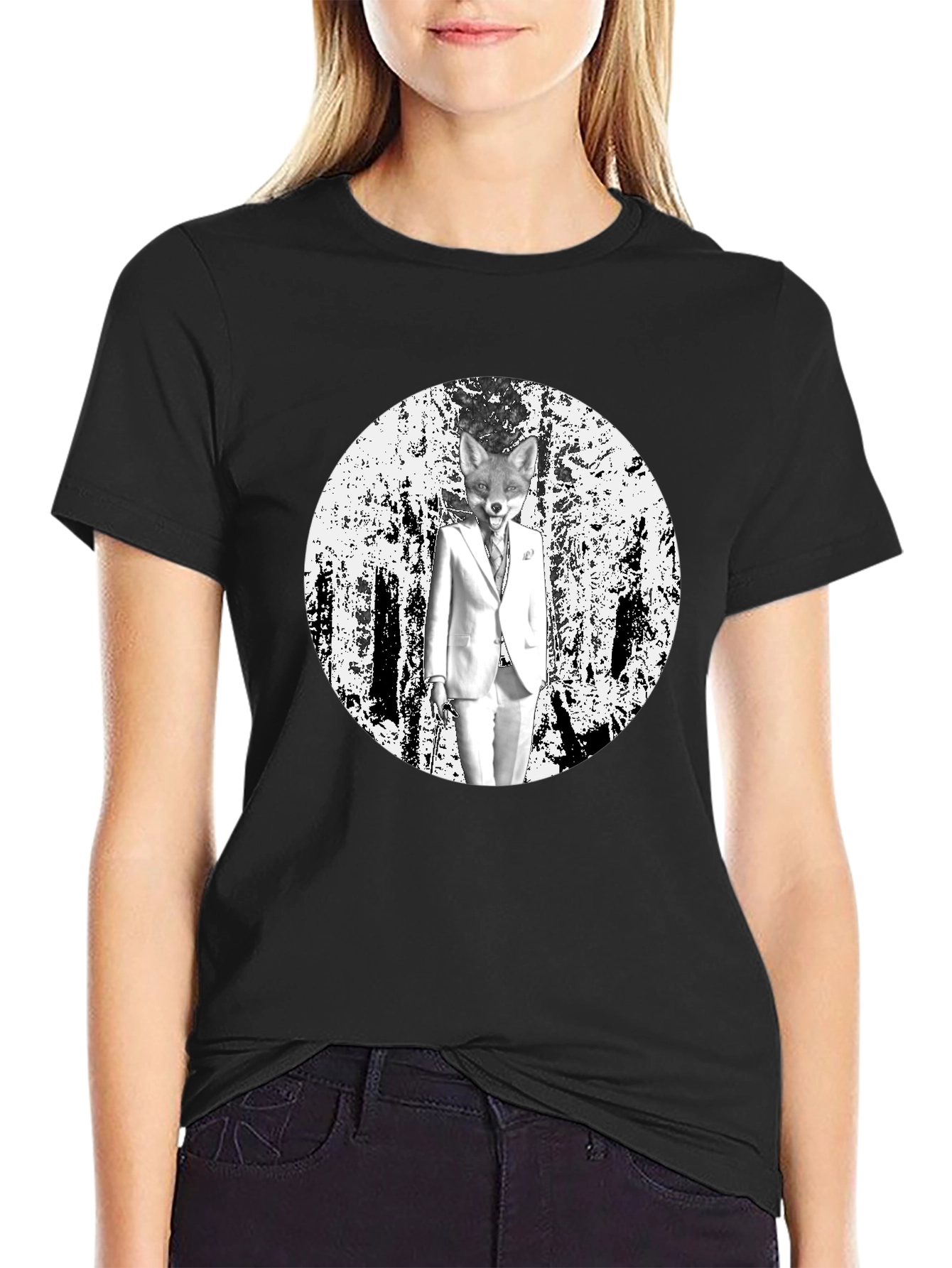 Fox in Suit Graphic Tee - Trendy Black T-Shirt