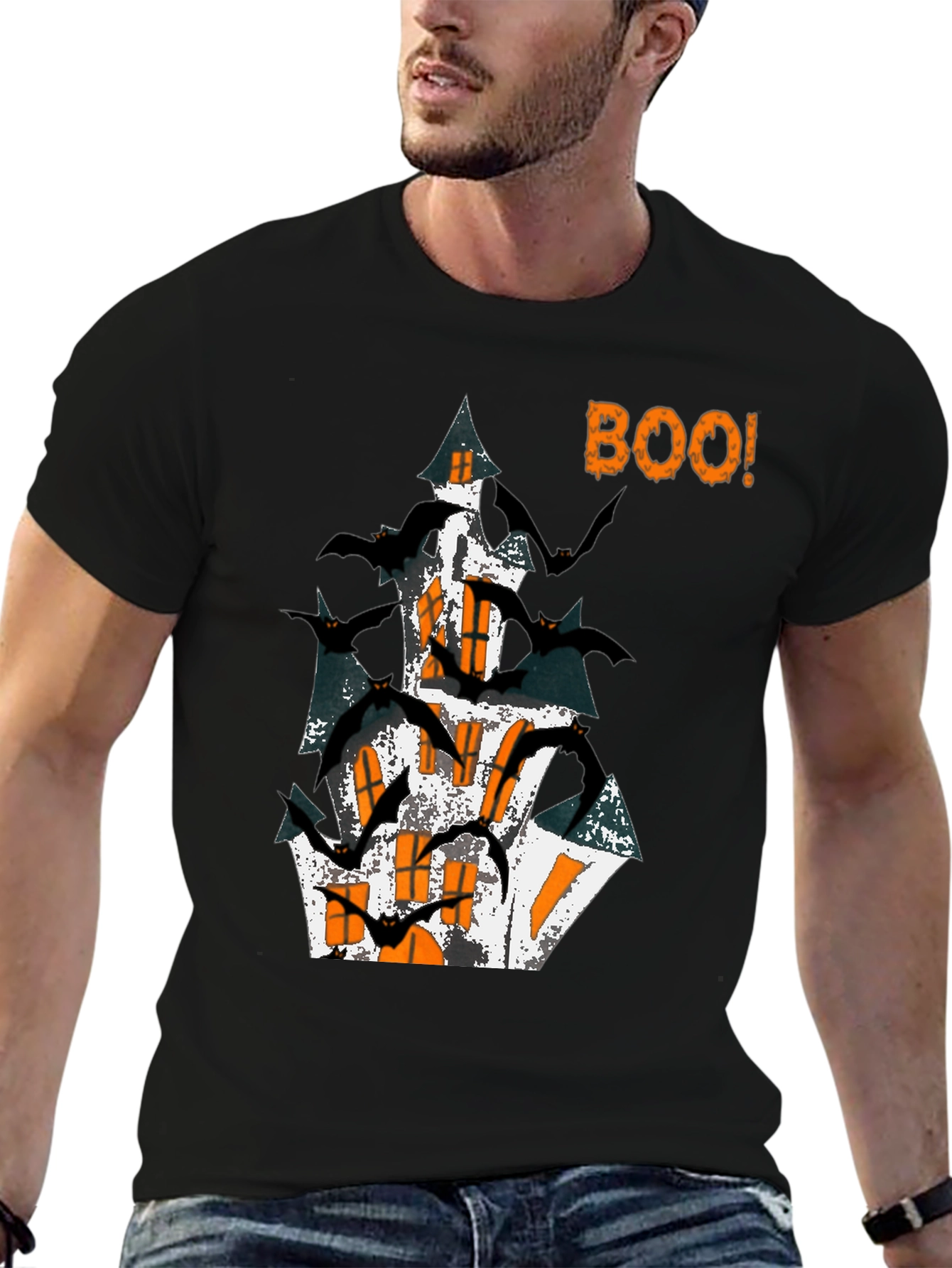 Halloween Spooky Haunted House Bats Graphic Tee