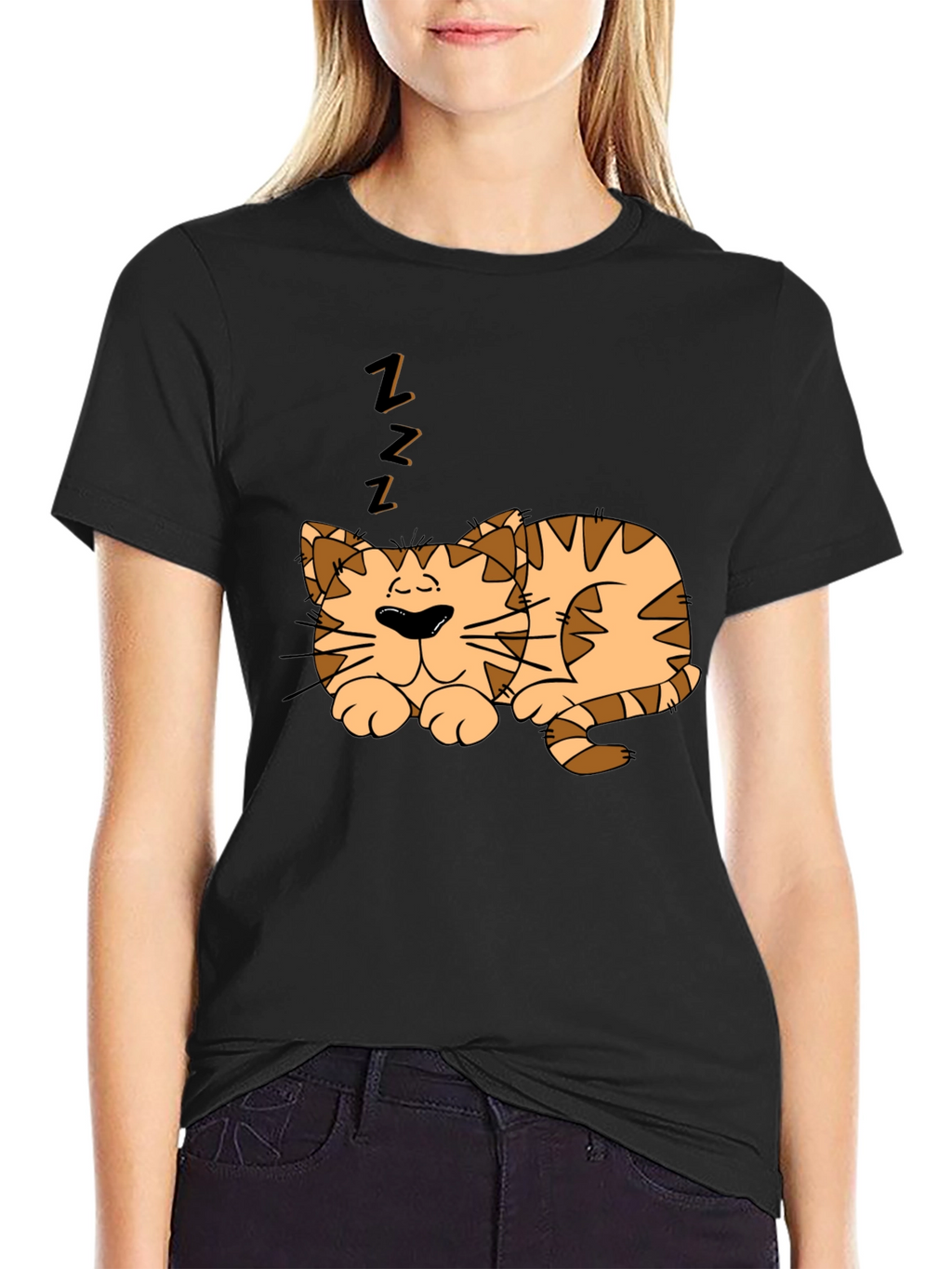 Sleeping Cat Graphic Tee - Black Cotton Comfort