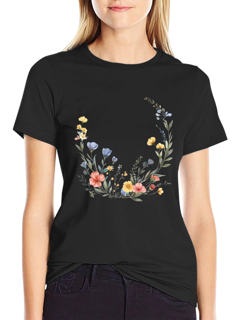 Floral Crescent Black T-Shirt