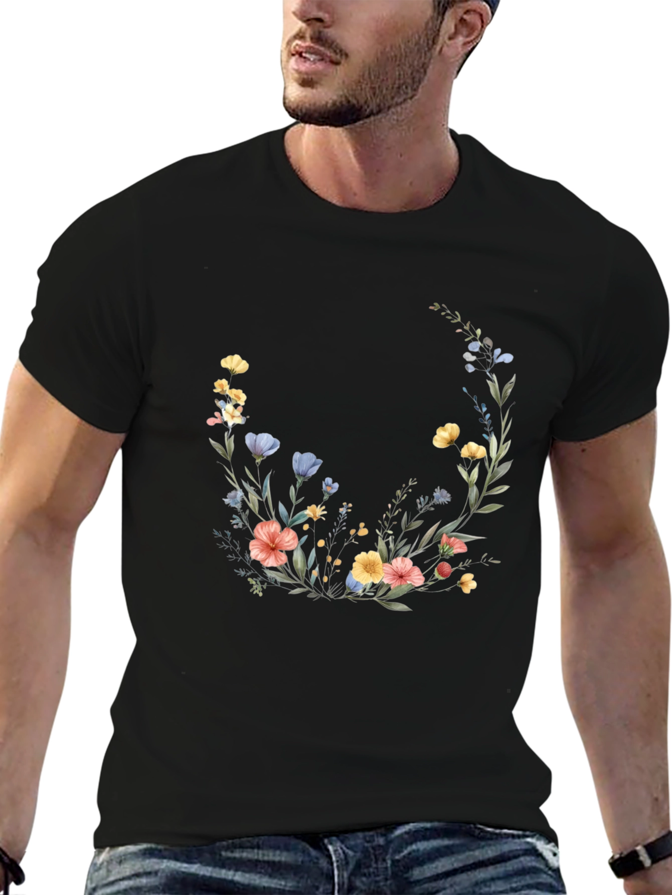 Floral Crescent Black T-Shirt