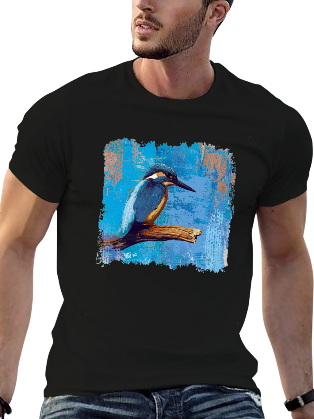 Kingfisher Bird Graphic Print Mens Black T-Shirt