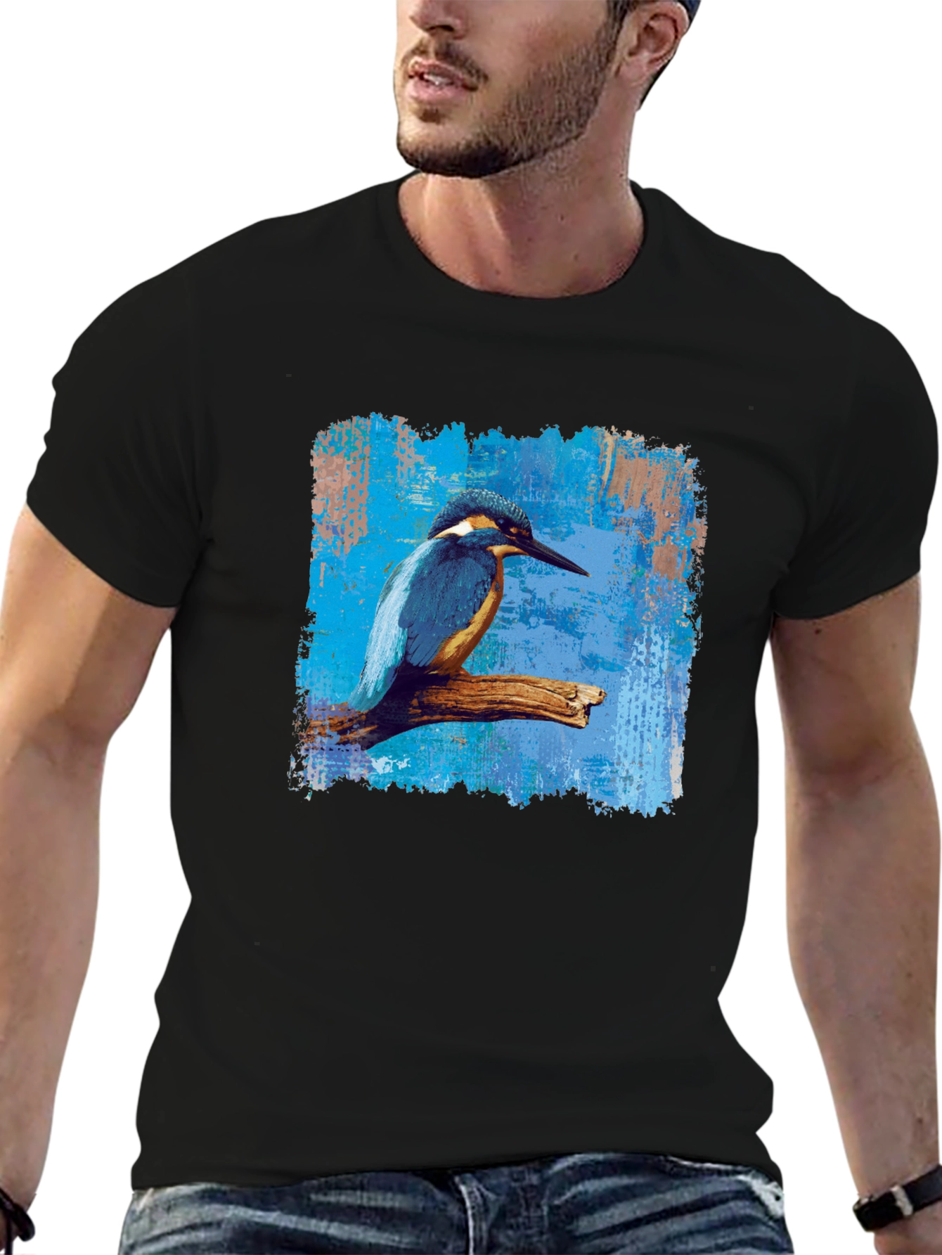 Kingfisher Bird Graphic Print Mens Black T-Shirt
